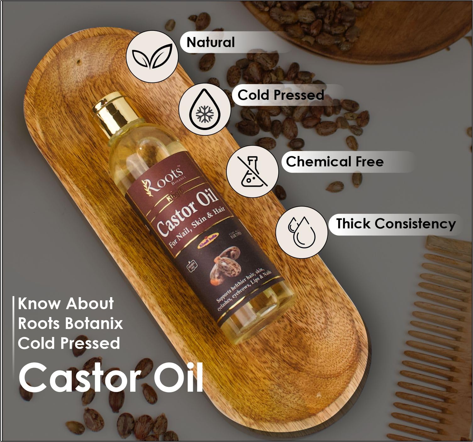 Roots Botanix Cold Pressed Pure & Extra Virgin Castor Oil for Hair Growth, Eyelashes & Nails | Natural Skin Care Nutrient | No Mineral Oil & Silicones | 200ml | Perfect for Hair Masks, Lash Serums & DIY Beauty Treatments