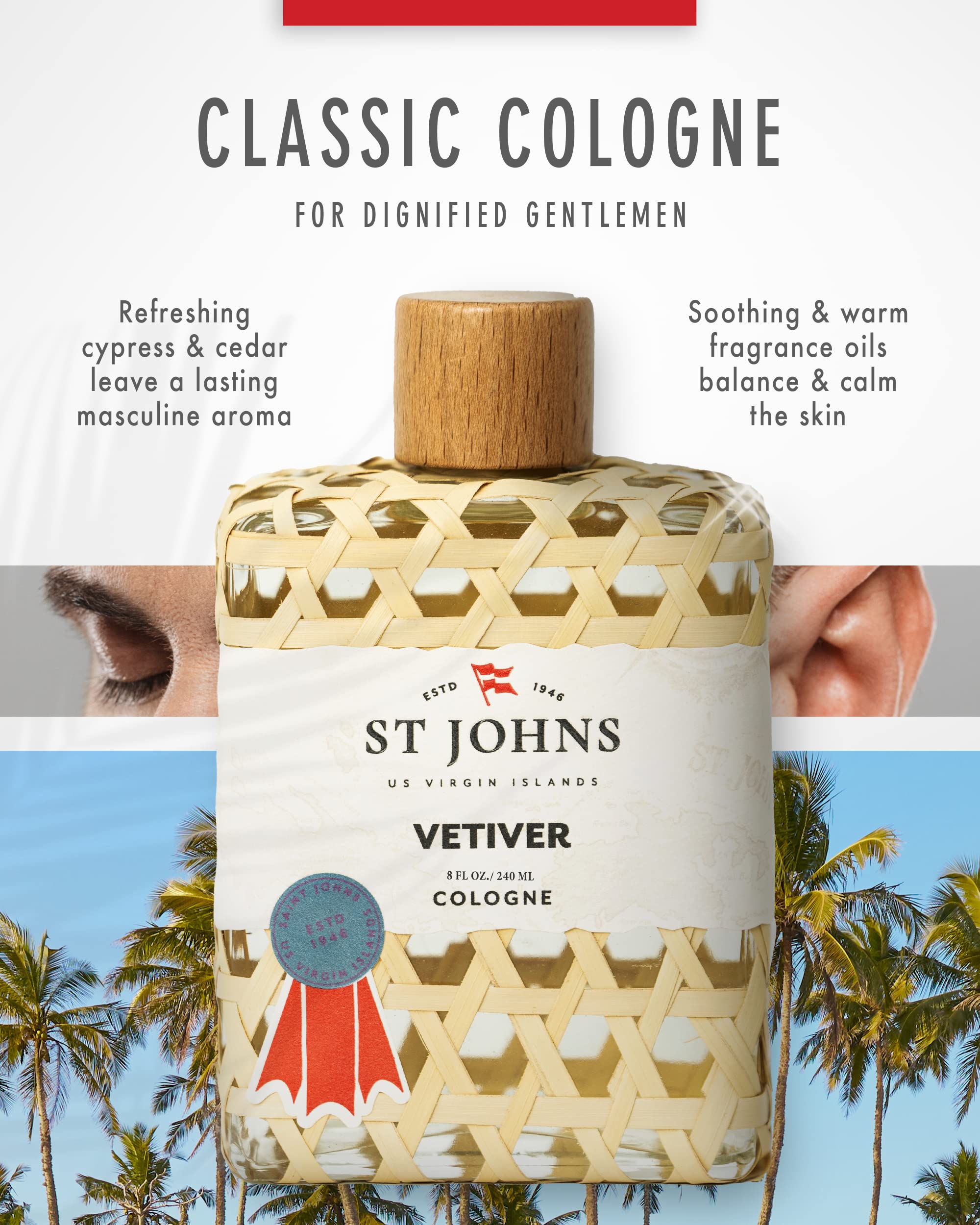 St. John's Classic Vetiver Cologne for Men | Virgin Islands Inspired Fresh & Sophisticated Fragrance | 8 oz Eau de Cologne | Perfect for Date Nights, Office Wear & Special Occasions