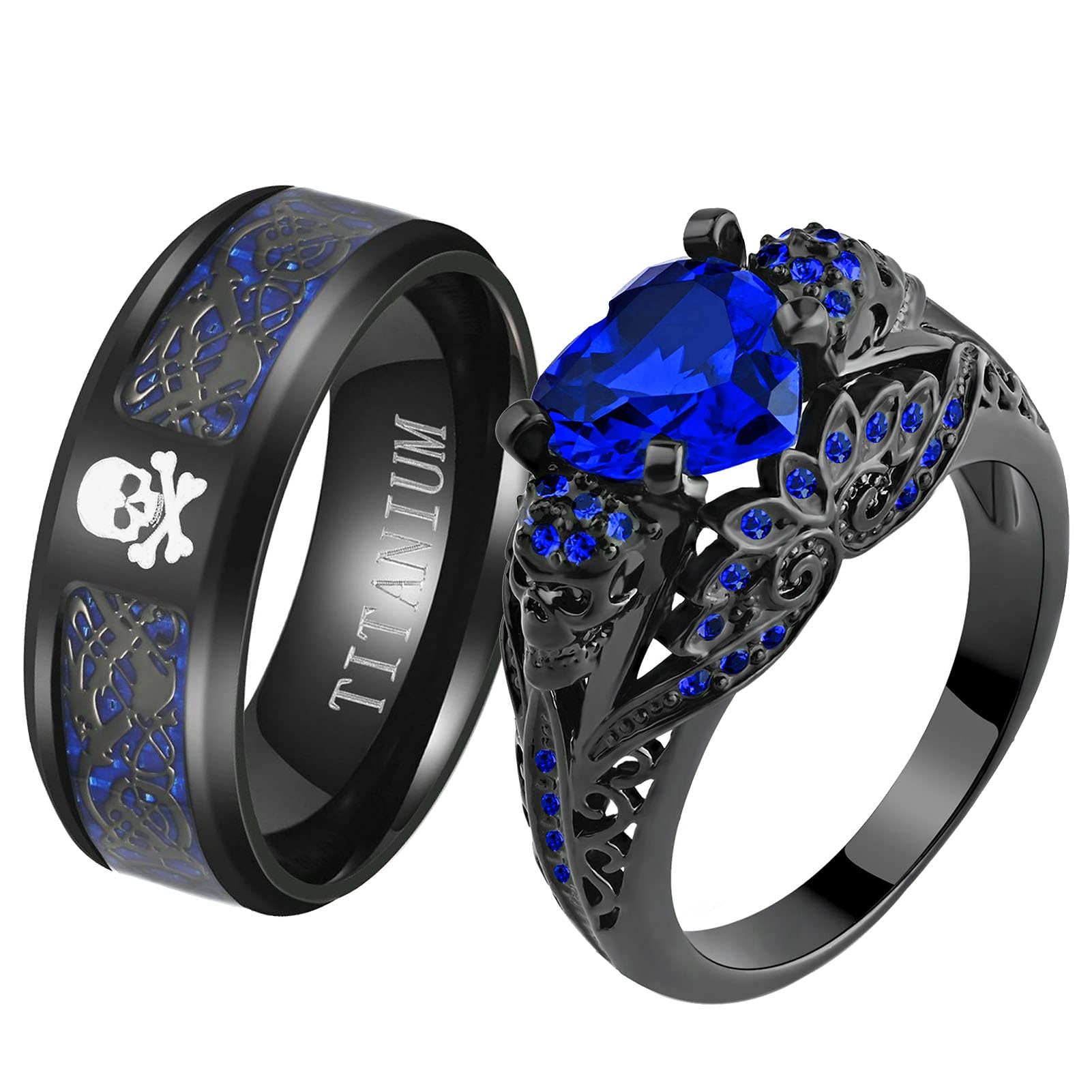 His and Hers Matching Skull Couple Rings - Gothic Punk Titanium Steel Wedding Bands for Men & Women with Heart Red CZ Stones - Perfect for Valentine's Day, Anniversary Gifts, and Alternative Wedding Jewelry