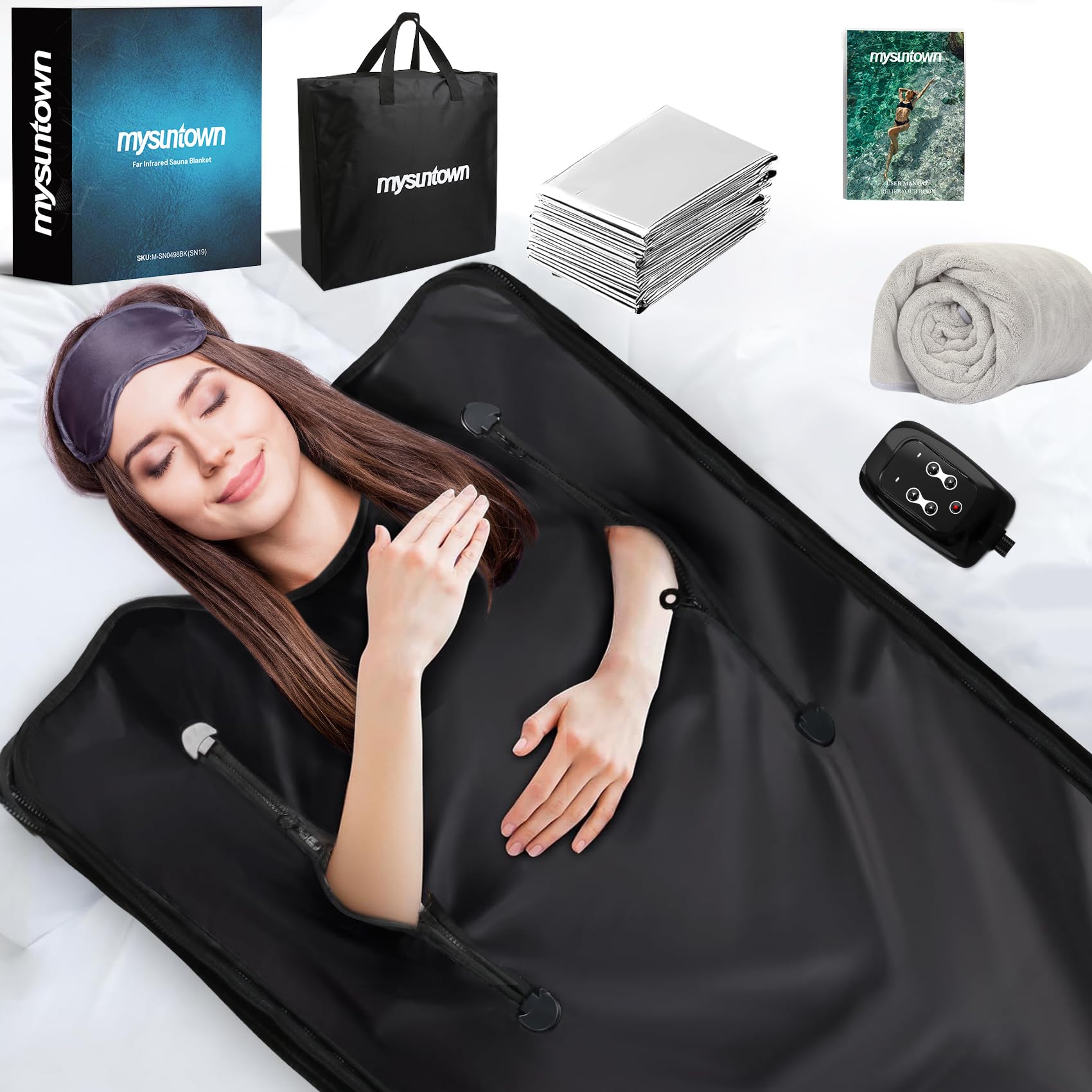 mysuntown Portable Infrared Sauna Blanket for Detox & Relaxation - Home Spa Therapy with Adjustable Temperature (86-158℉) & Timer (20-60 Mins) - 6.23ft x 2.95ft Large Size - Perfect for Home Use, Weight Loss, Muscle Recovery & Stress Relief