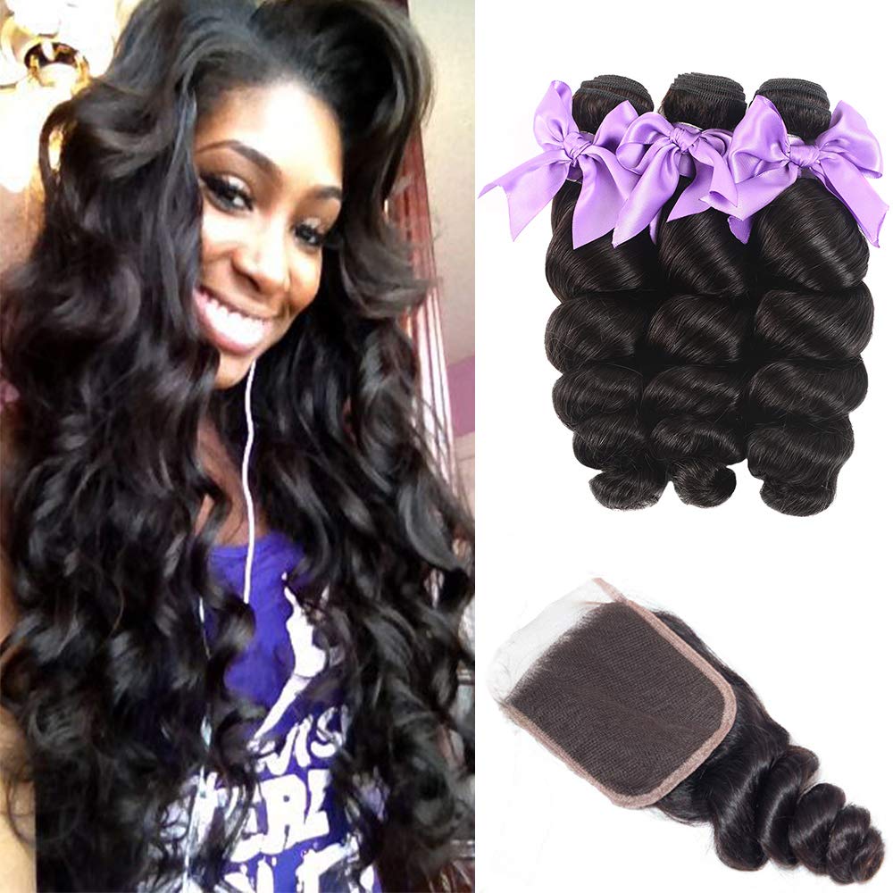 8A Brazilian Virgin Human Hair Loose Wave Bundles with 4x4 Lace Closure - 100% Unprocessed Human Hair Extensions (28+28+28+20) for Natural Volume & Styling | Perfect for Weaves, Ponytails & Everyday Hairstyles