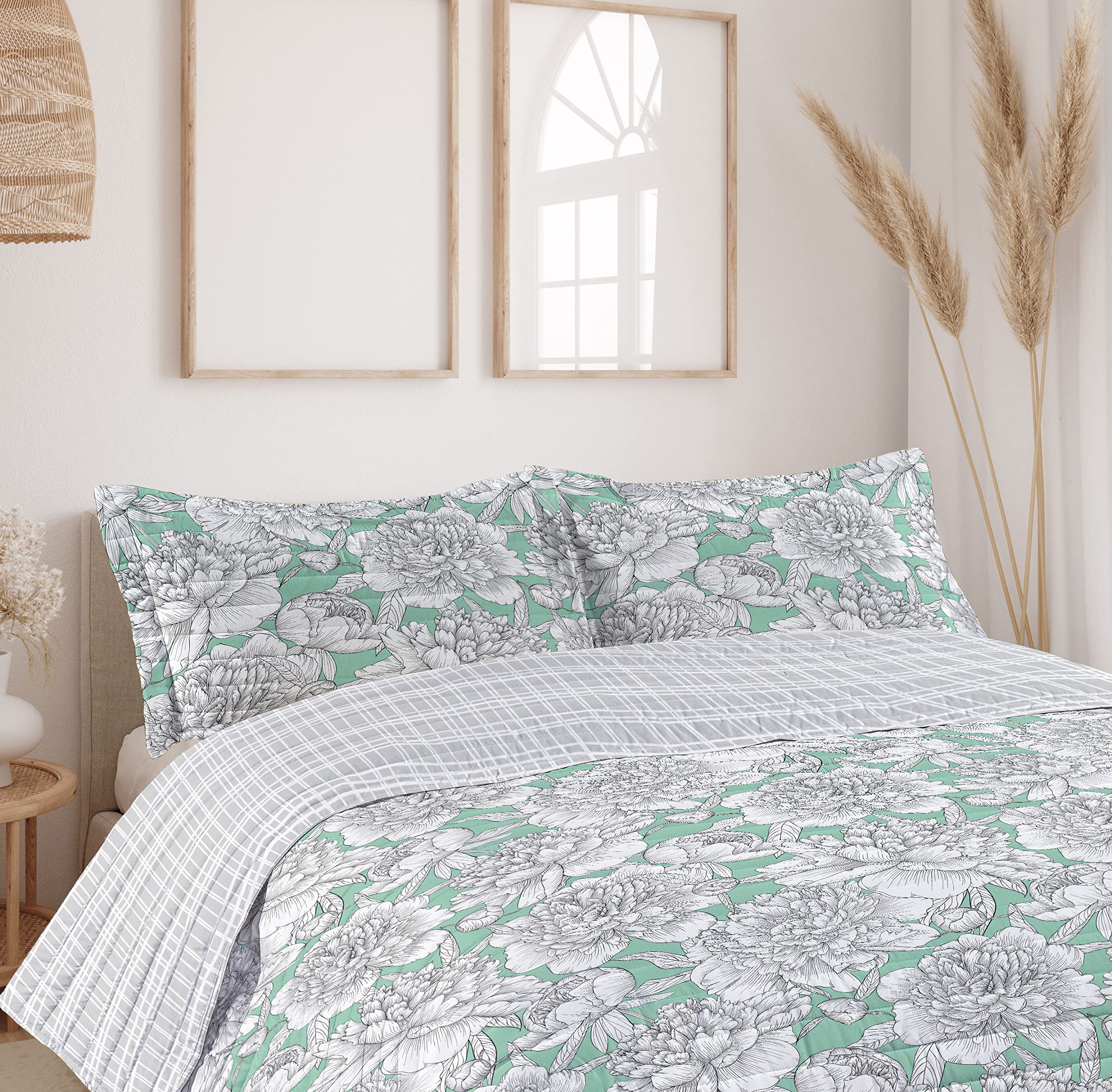 Ambesonne Floral Reversible King Size Bedspread Set with Pillow Shams - Hand Drawn Rose, Chamomile & Peonies Design on Microfiber Bedding - Almond Green - Perfect for Master Bedroom, Guest Room & Bohemian Home Decor