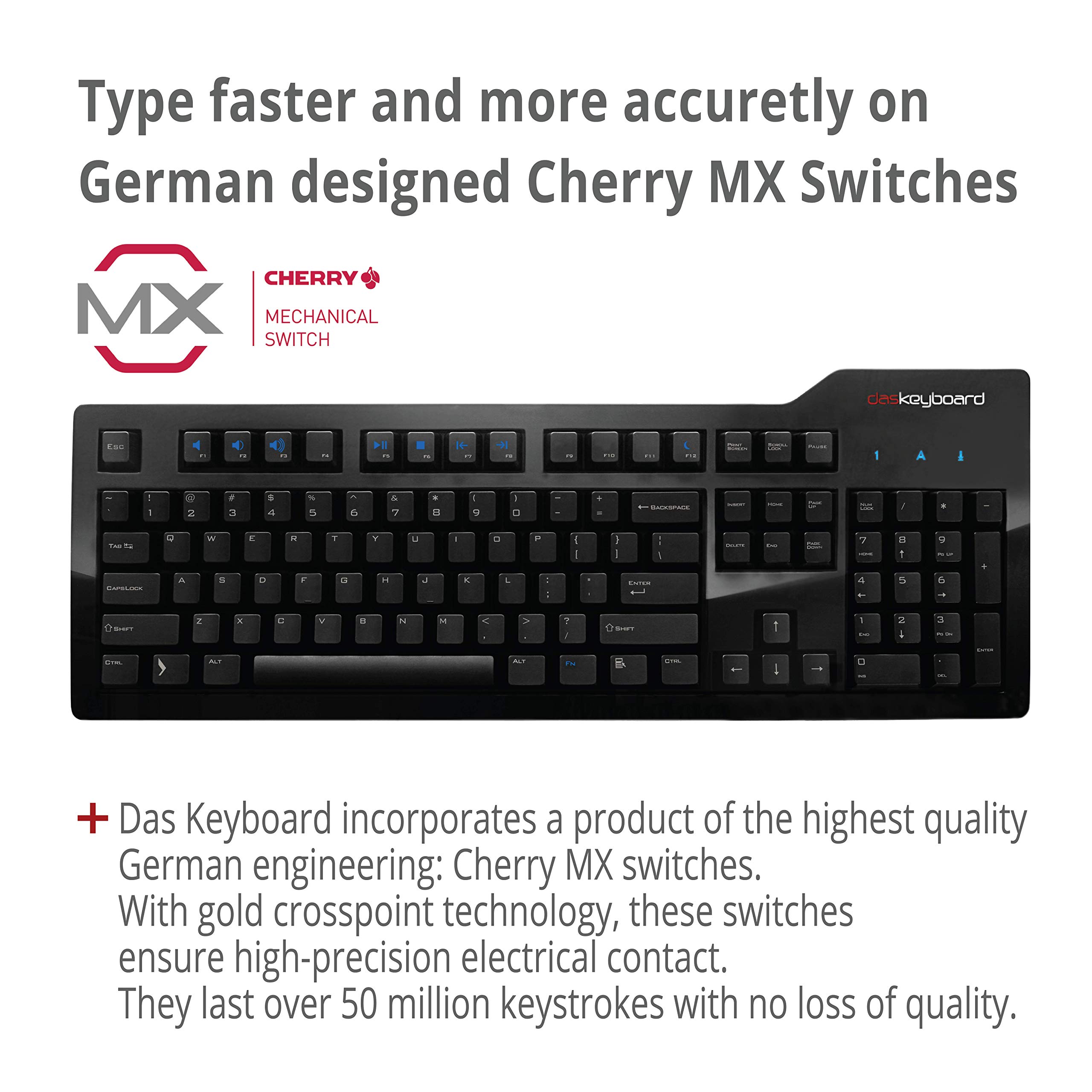 Das Keyboard Model S Wired Mechanical Keyboard with Cherry MX Blue Switches - 2-Port USB Hub & Laser Etched Keycaps (104 Keys, Black) - Perfect for Gaming, Programming & Office Work