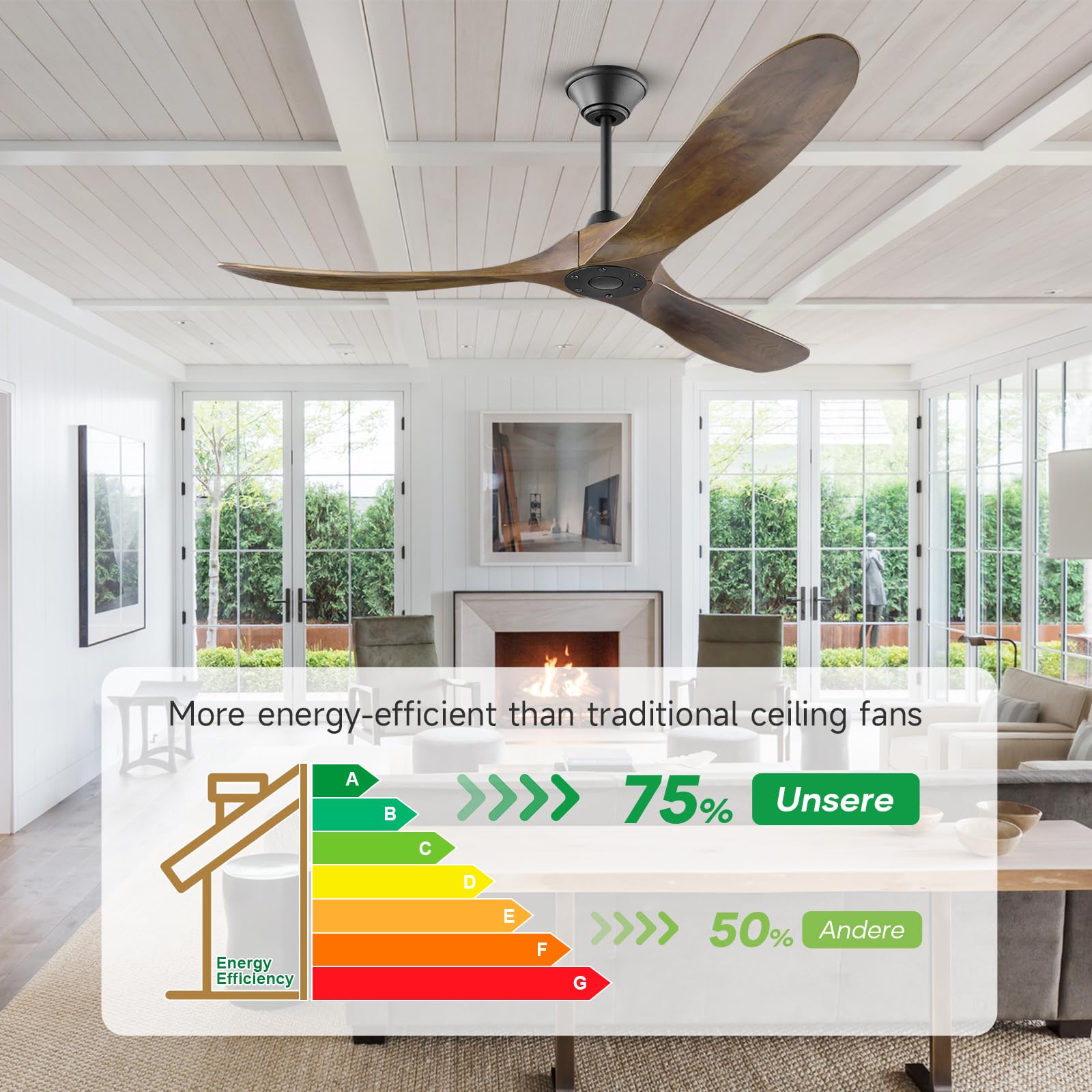 60 Inch Walnut Ceiling Fan with Remote Control - Modern Indoor/Outdoor Farmhouse Style Fan with 3 Wood Blades, No Light - Perfect for Patios, Living Rooms & Bedrooms