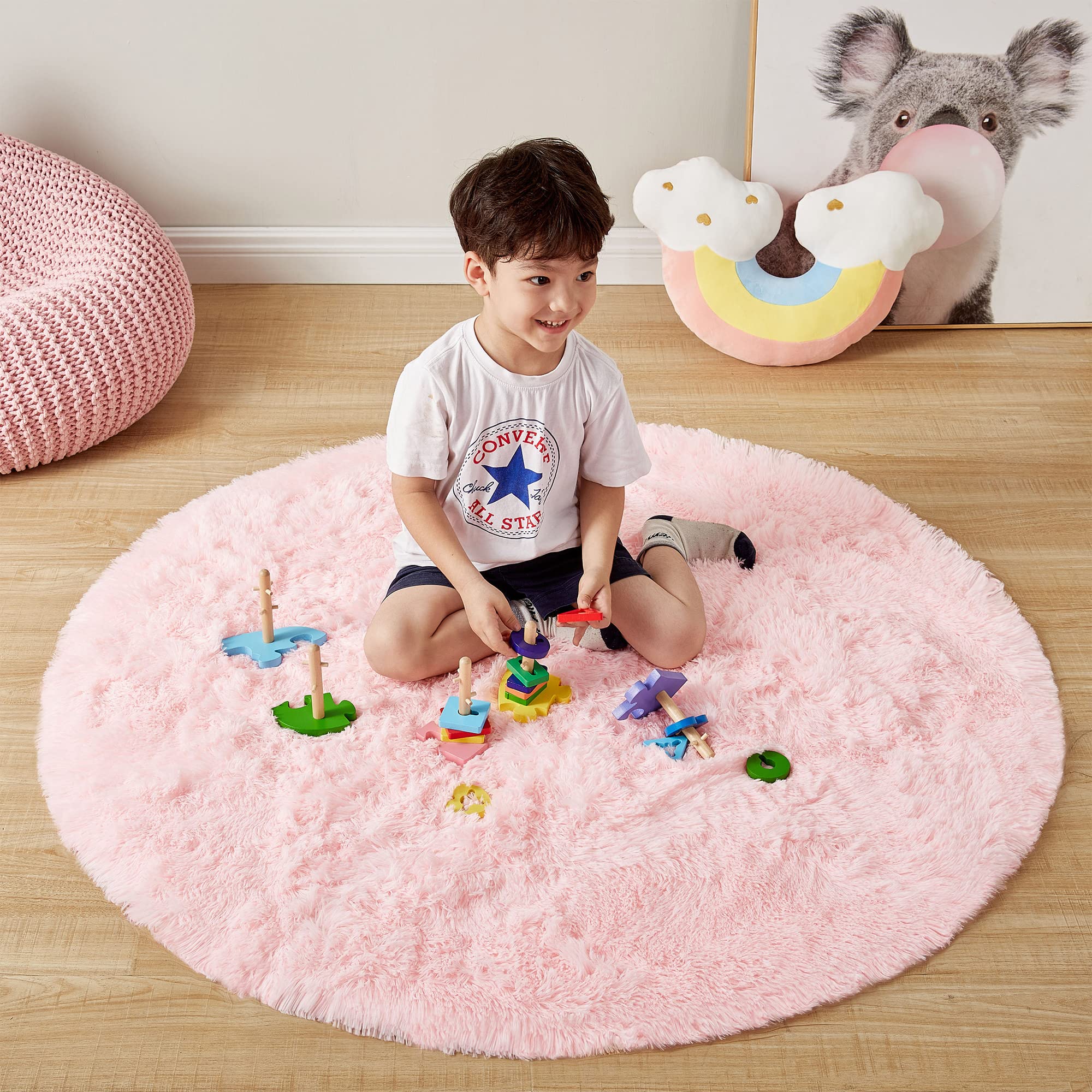 GKLUCKIN 4ft Round Rug - Soft Fluffy Shag Pink Circle Area Rug for Bedroom, Nursery, Kids Room & Playroom | Plush Furry Home Decor Rug for Cozy Living Spaces & Play Areas
