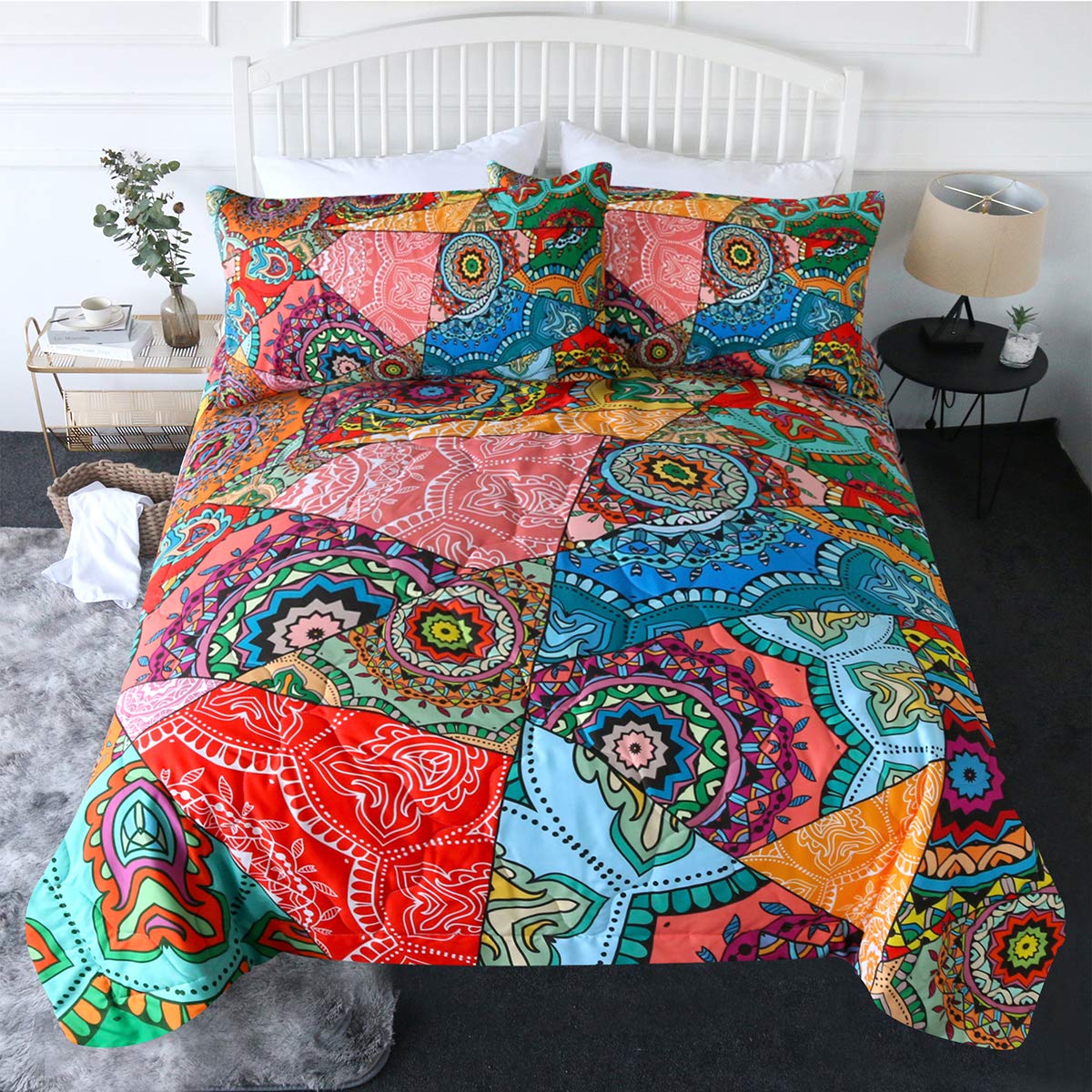 BlessLiving 3 Piece Mandala Comforter Set with Pillow Shams – Floral Patchwork 3D Printed Reversible Queen Size Bedding | Soft, Comfortable & Machine Washable | Colorful Bohemian Style | Perfect for Bedroom Decor, Guest Rooms & Cozy Retreats