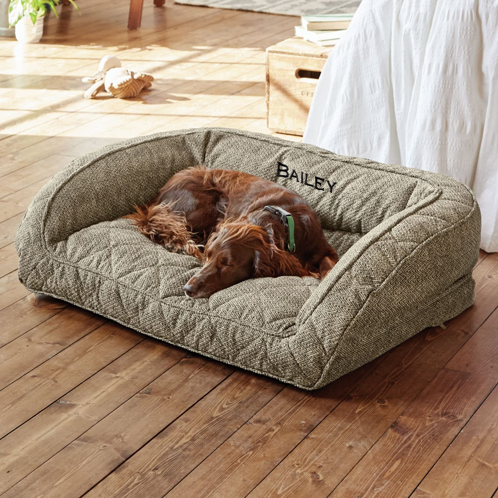 Orvis ComfortFill-Eco Bolster Dog Bed - Extra Large Plush Rectangular Pet Bed with 3-Sided Bolster Support for Dogs, Charcoal Chevron Pattern - Perfect for Large Breed Dogs, Living Room & Bedroom Use