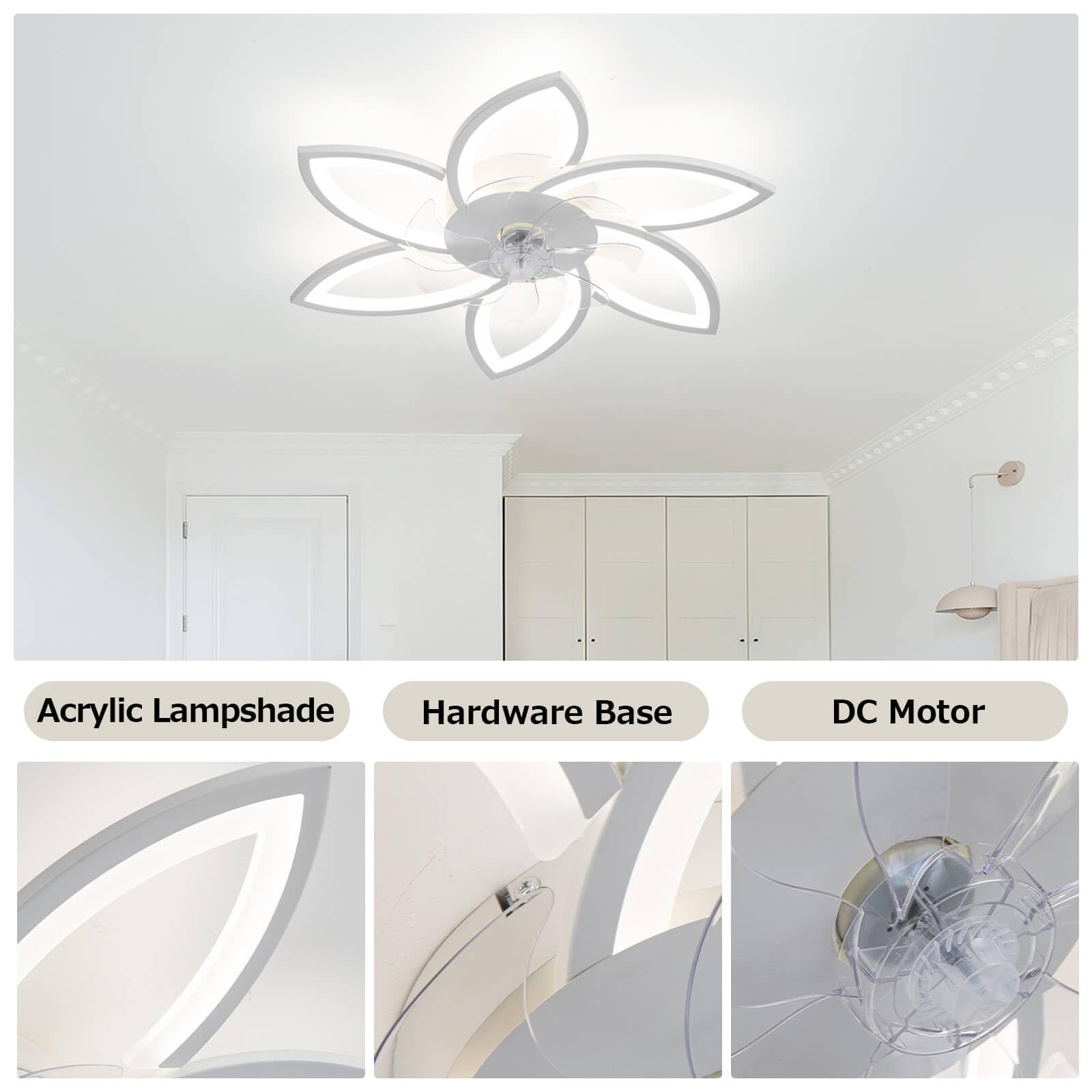 LJX 90cm White Ceiling Fan with LED Light and Remote Control - DC Motor, 6-Speed Silent & Dimmable for Living Room, Bedroom, Lounge - Perfect for Home Cooling and Decoration