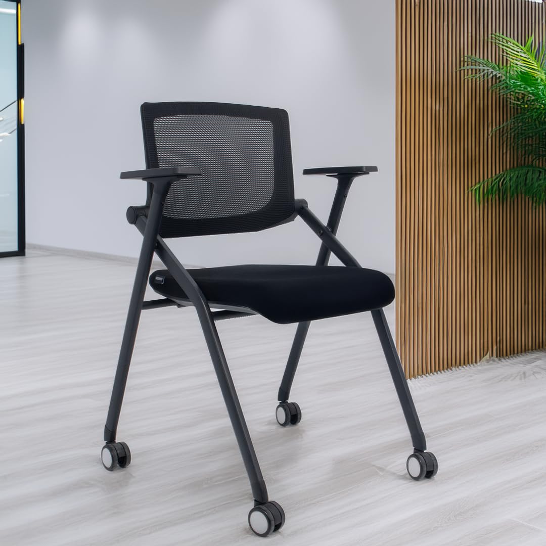 4 Pack Stackable Conference Room Chairs with Wheels - Ergonomic Mesh Back Office Chairs with Adjustable Arms & Paddle for Meeting, Training, Reception & Home Office - Perfect for Conference Rooms, Coworking Spaces & Home Workstations