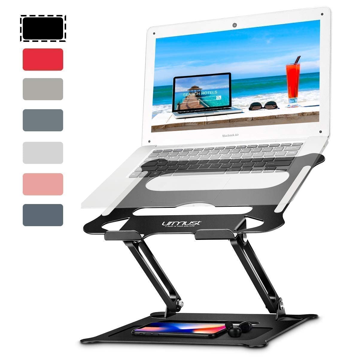 Urmust Adjustable Laptop Stand & Phone Holder Set - Ergonomic Aluminum Desktop Riser for MacBook, iPad, Notebook - Perfect for Home Office, Gaming & Workspace Organization (Black)