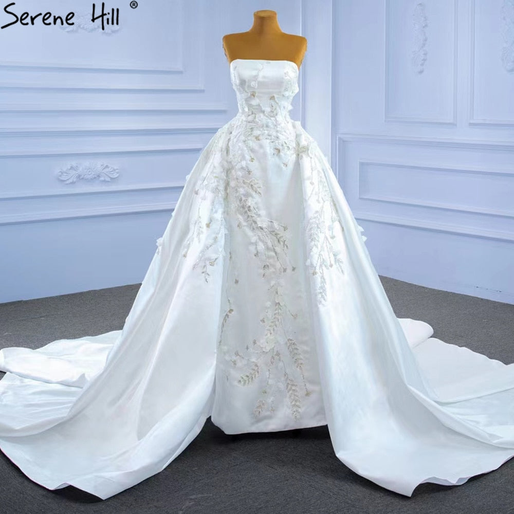 Serene Hill White Mermaid Overskirt Wedding Dress 2025 - Elegant Beaded Flower Bridal Gown HM67282 | Custom Made for Beach Weddings & Formal Ceremonies