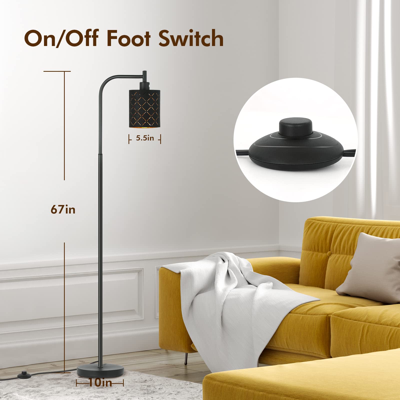 67 Inch Black Gothic Arc Floor Lamp with Laser-Cutout Lampshade - LED Standing Lamp for Living Room & Bedroom - Modern Farmhouse Lighting with Foot Switch & E26 Base Socket - Perfect for Magic Decor, Reading Nooks & Cozy Ambiance