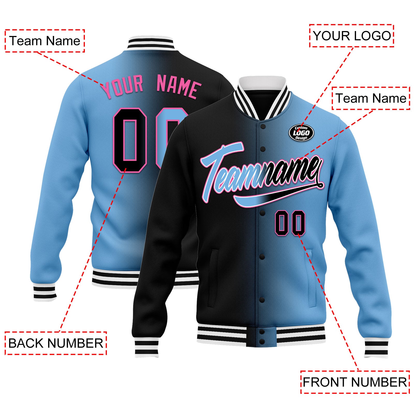 Custom Gradient Fashion Bomber Jacket - Full Snap Varsity Letterman Jacket - Personalized Embroidered Design (FZ005 D028016) - Perfect for School Sports, Casual Wear & Street Style Outfits