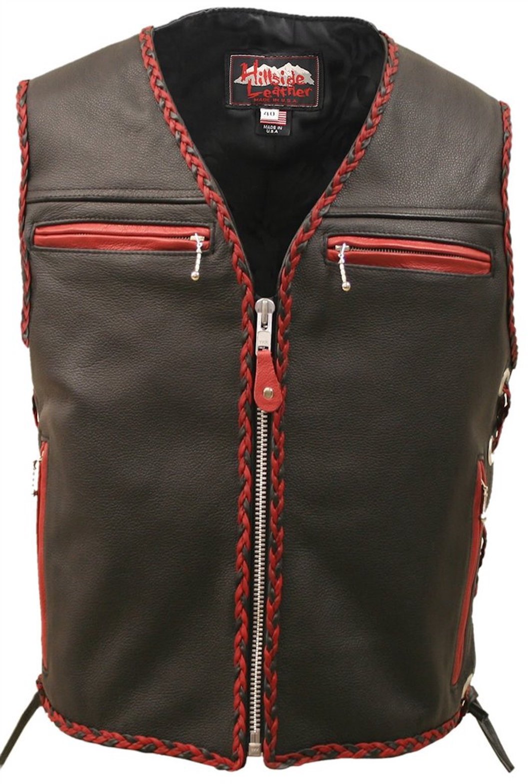 Premium Men's Motorcycle Leather Vest - Made in USA, Red & Black Braided Design - Ideal for Biker Rides, Motorcycle Clubs & Casual Outfits