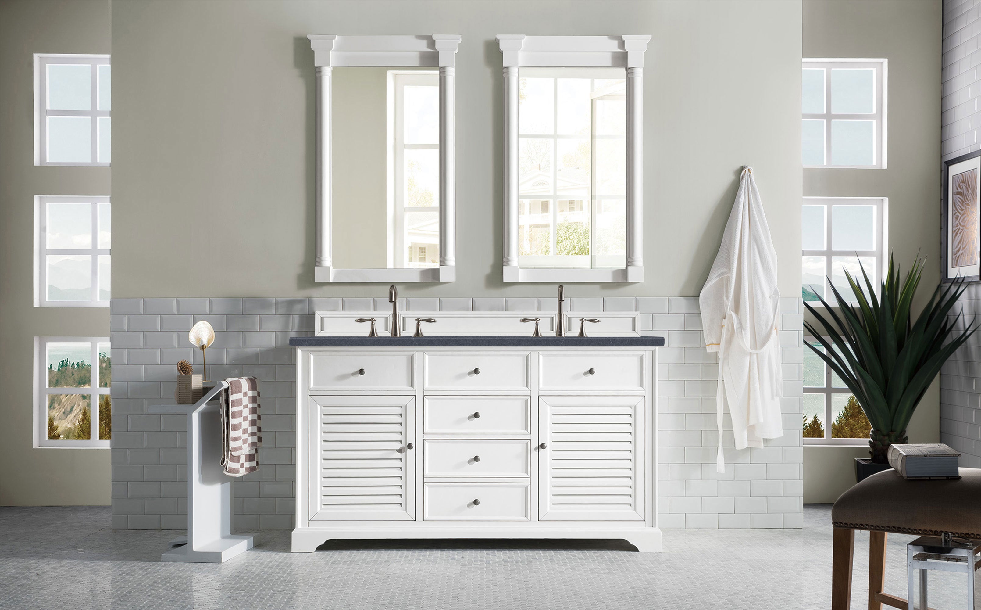 Savannah 60 Inch Double Vanity Cabinet with Charcoal Soapstone Quartz Top - Bright White Bathroom Vanity with 3CM Thick Countertop | Perfect for Master Bath, Guest Bath & Powder Room Remodeling