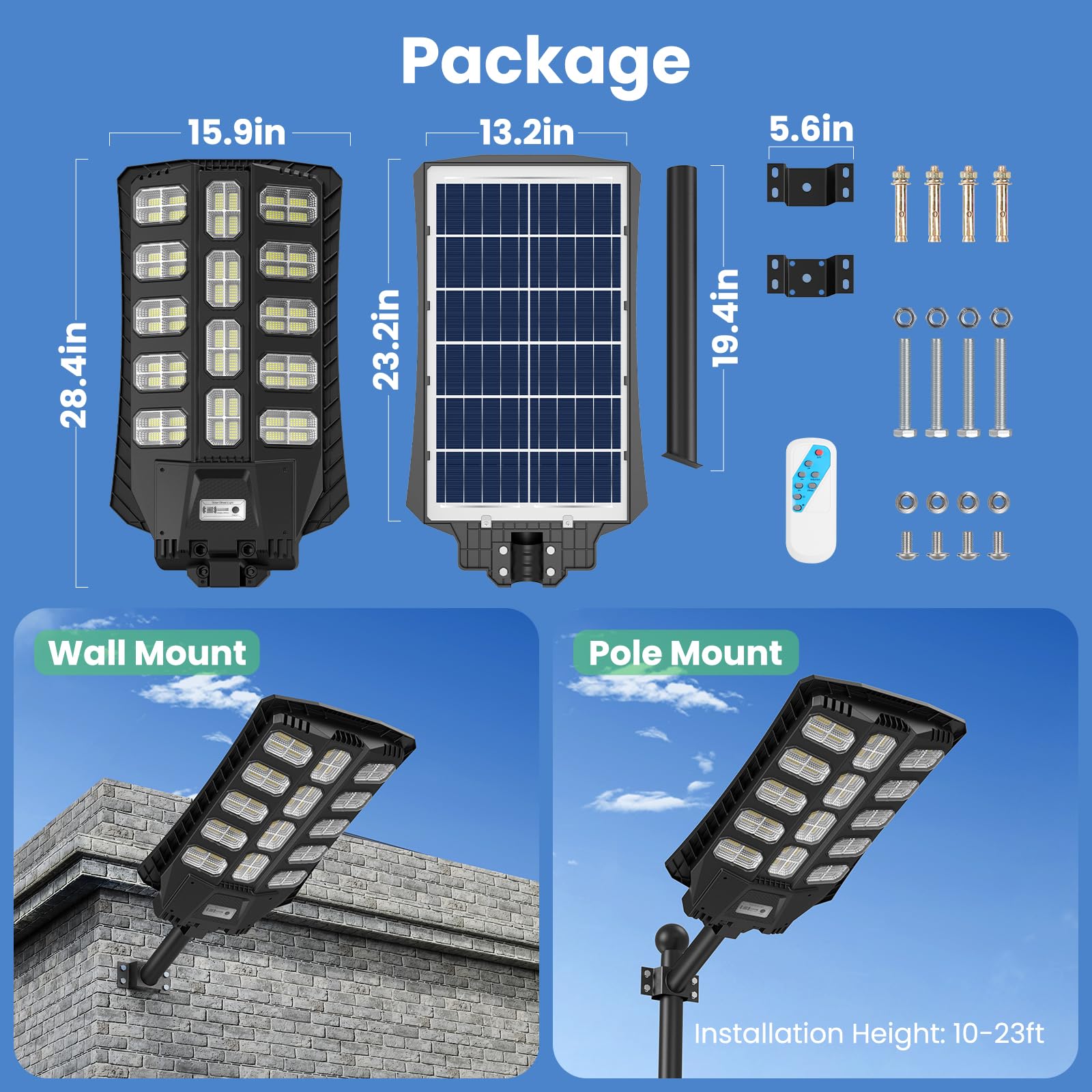 9500W Solar Street Lights Outdoor - Wide Angle Solar Powered LED Security Light with Motion Sensor & Remote Control, Dusk to Dawn Auto On/Off, Waterproof for Parking Lot, Garden, Pathway, Driveway, Yard, and Wall/Pole Mount Installation