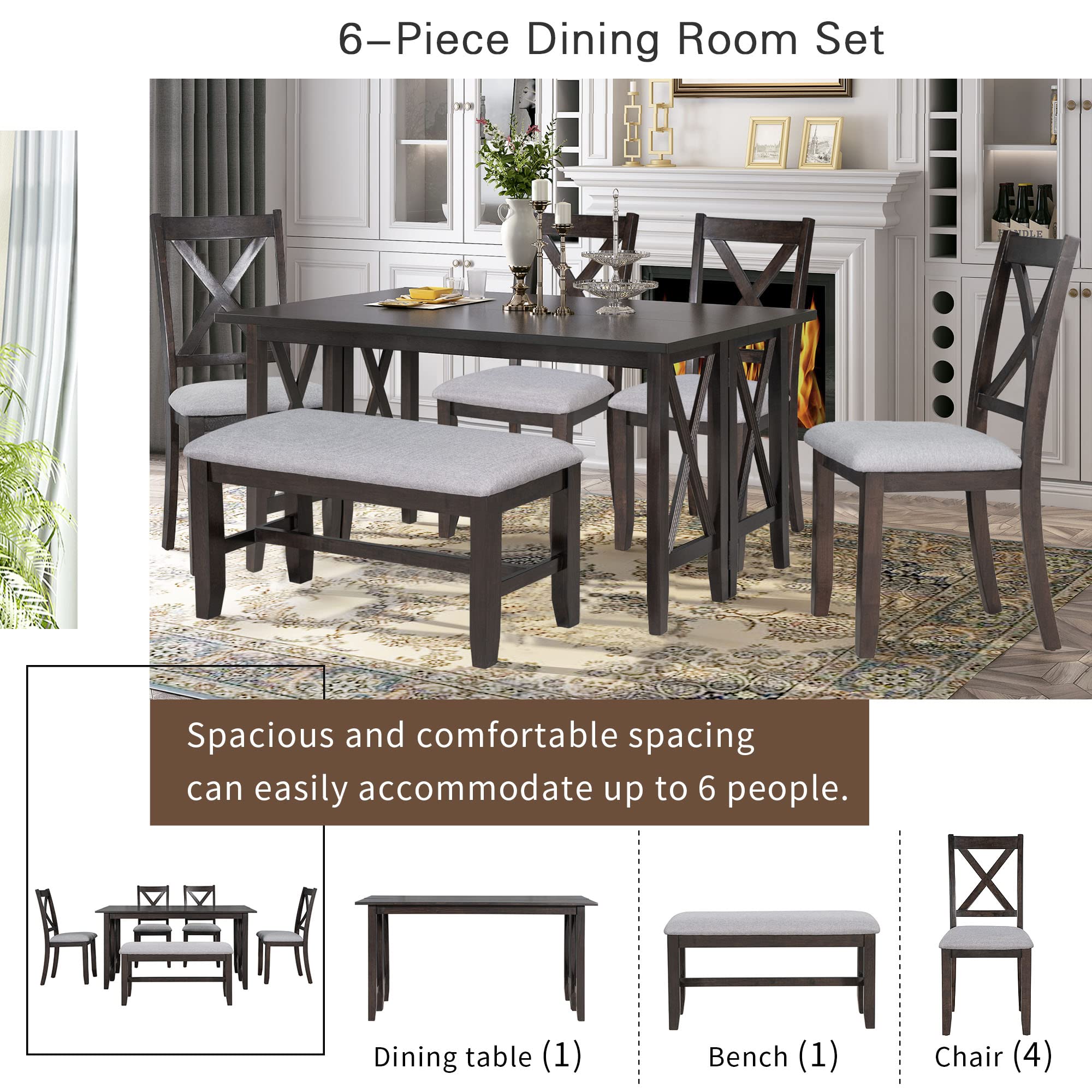 Harper & Bright Designs 6-Piece Rustic Dining Table Set - Wood Folding Dinette Table with 4 Upholstered Chairs & Bench, Espresso Finish - Perfect for Small Kitchen, Breakfast Nook or Apartment Dining Space (Seats 6)