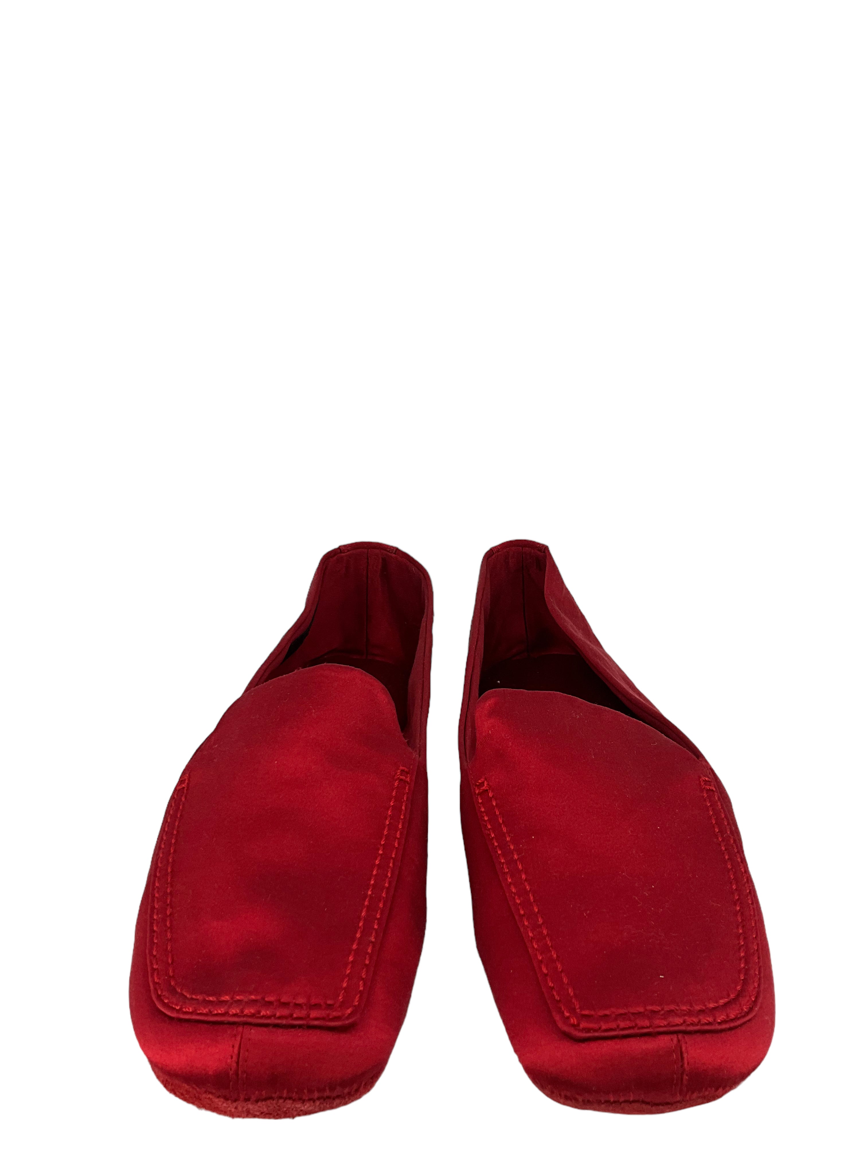 Prada Red Satin Ballet Flats Women's Size 10 with Matching Travel Bag - Elegant Comfort for Work, Travel and Special Occasions