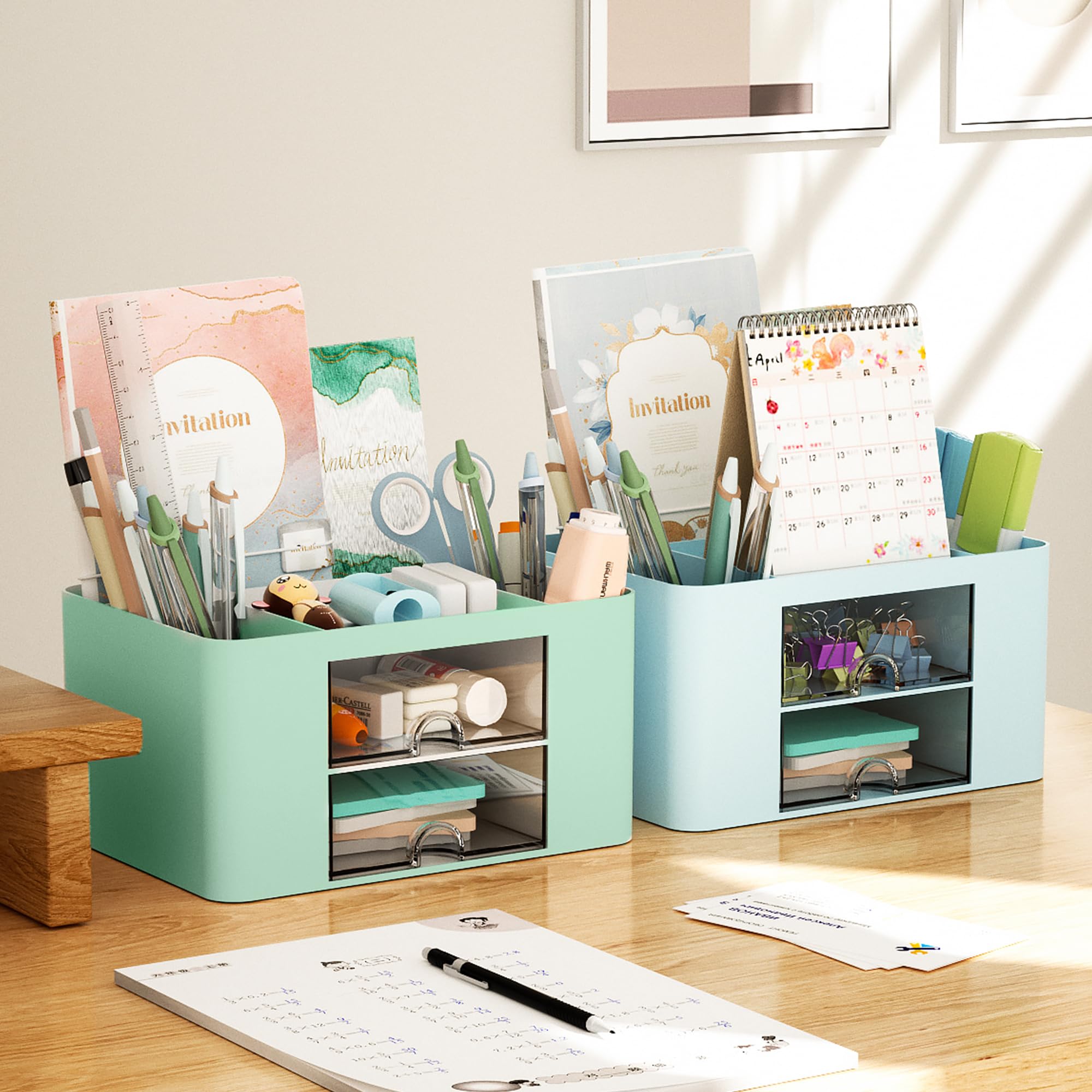 Premium Marbrasse Pen Organizer with 2 Drawers - Multifunctional Desk Pencil Holder & Office Supplies Organizer with 5 Compartments for Pens, Markers, Art Tools (Green) - Perfect for Home Office, School & Craft Room Organization