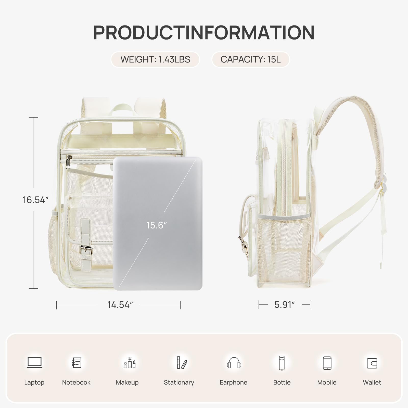 Telena Heavy Duty Clear Backpack with Multi-Pockets - Durable TPU Transparent Backpack with Reinforced Straps for College, Work & Travel - Large See-Through Bookbag (White) - Perfect for School, Office, Airport Security & Stadium Events