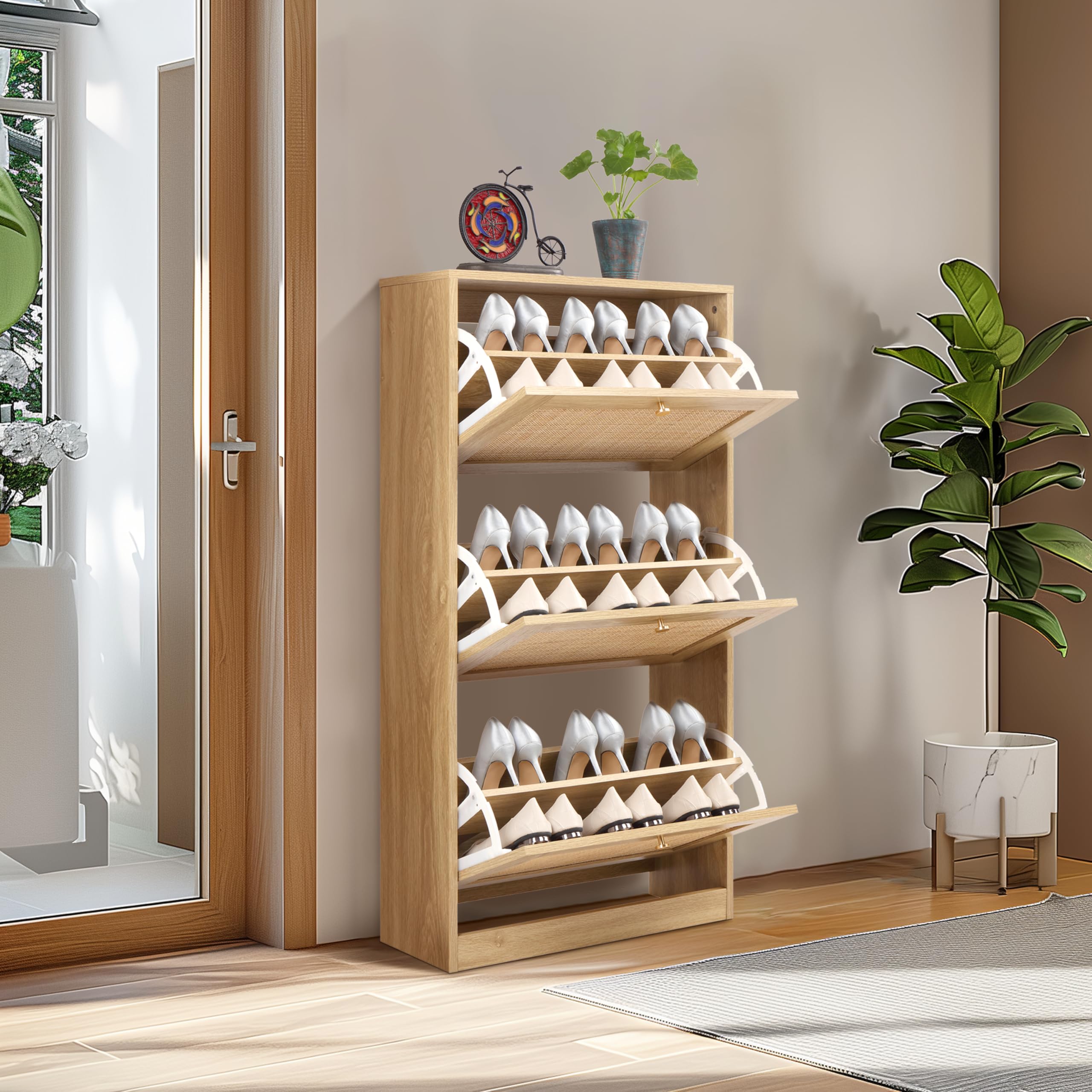 Finnhomy 3-Tier Shoe Cabinet with Natural Rattan Flip Drawers - Free Standing Slim Shoe Storage Organizer for Entryway, Large Top Board & Adjustable Width Drawers - Perfect for Small Spaces, Apartments & Closet Organization