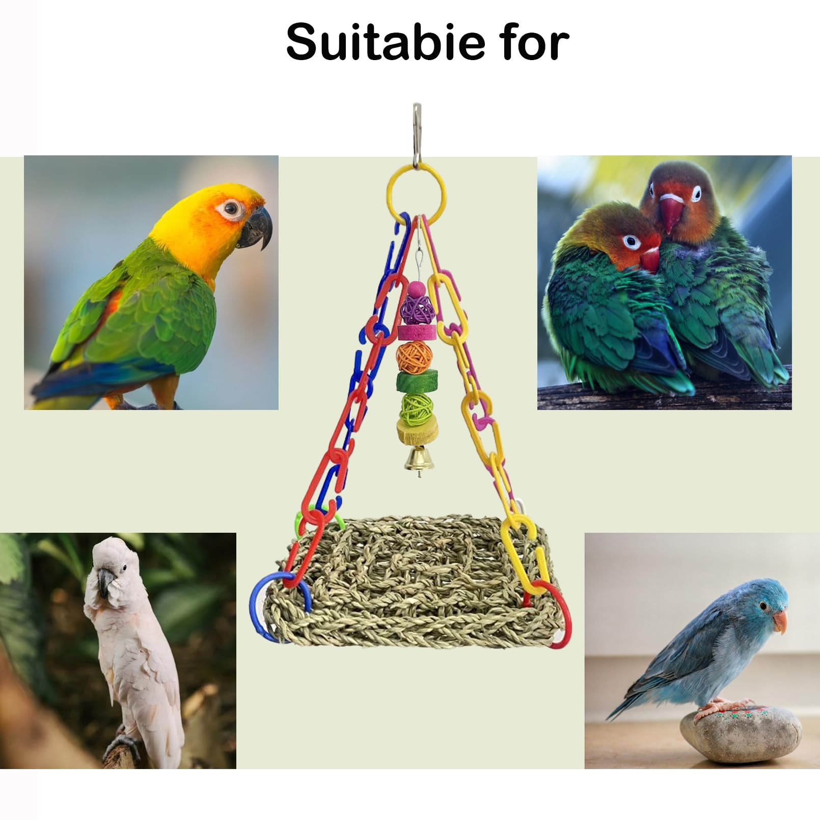 Natural Seagrass Woven Parrot Hammock Swing - Chewable Foraging Toy for Lovebirds, Parakeets & Small Birds - Colorful Wall Hanging Climbing Pad & Rocking Play Mat - Perfect for Cage Enrichment & Playtime
