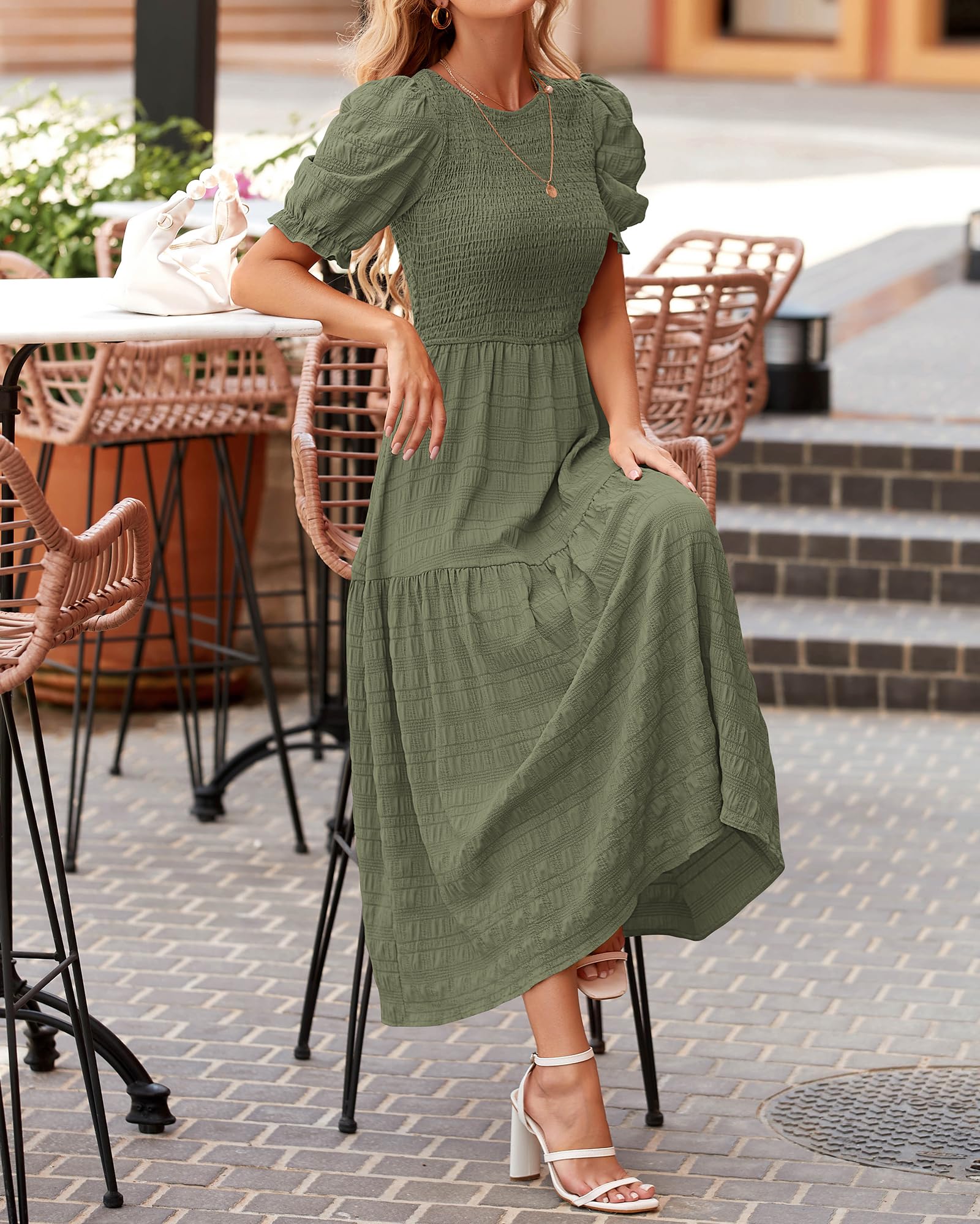 Dowerme Women's Summer Dresses 2025 - Casual Puff Short Sleeve Crewneck Smocked Flowy Ruffle Boho Maxi Sundress for Beach, Party & Vacation Wear