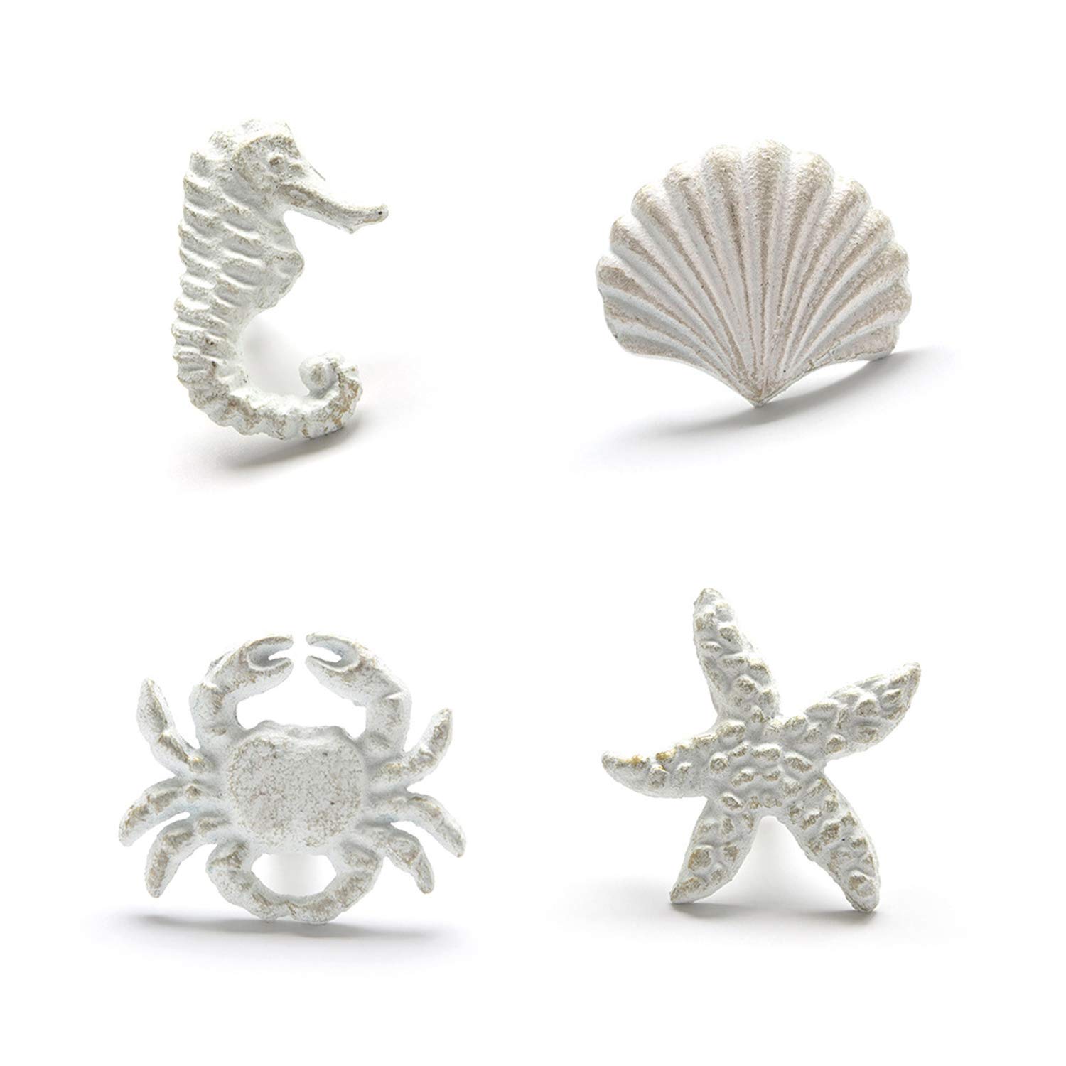 Beach Theme Cabinet Knobs - 4 Pack White Sea Horse Starfish Handles for Dresser & Wardrobe - Coastal Decor