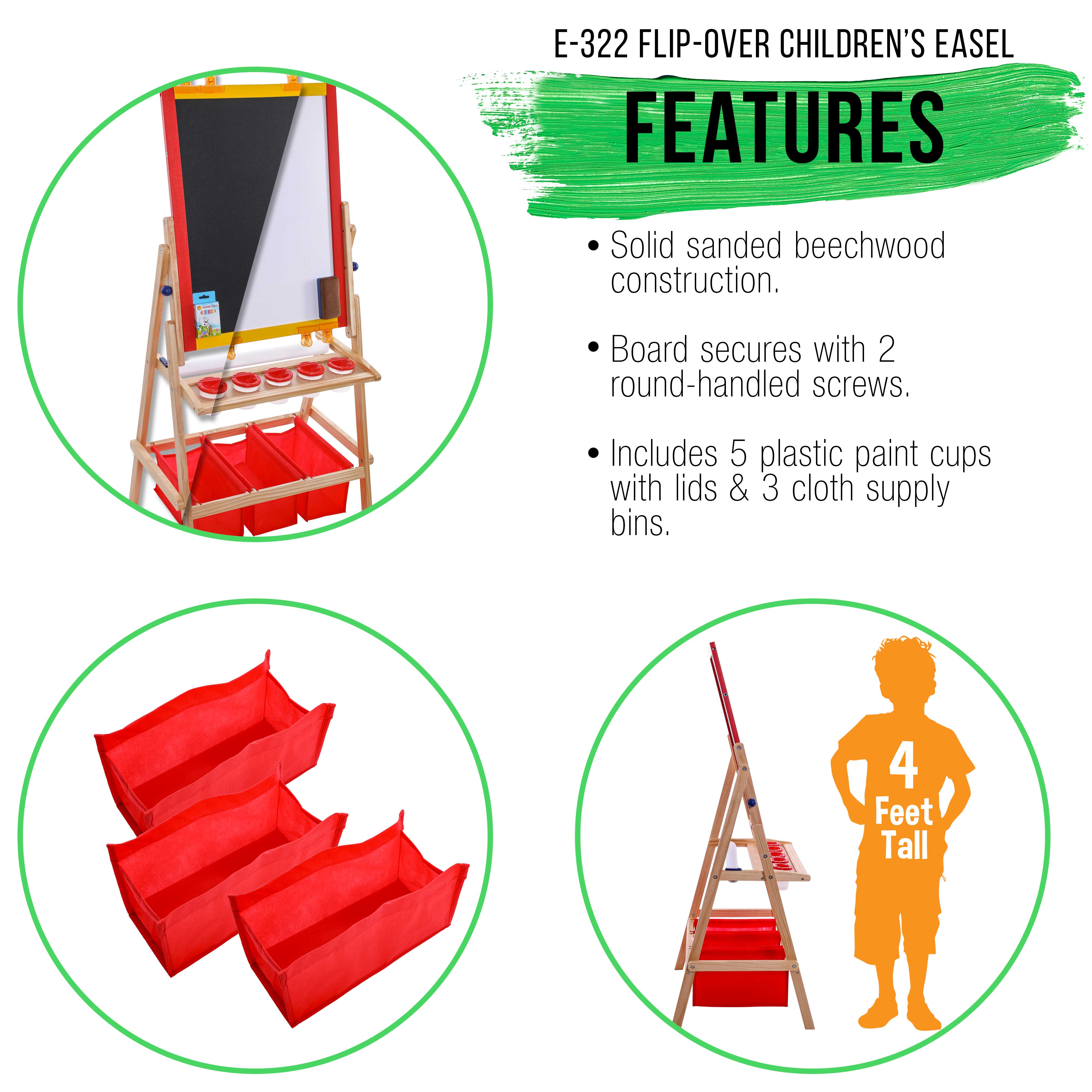 Double Sided Kids Art Easel Board - Chalkboard & Dry Erase Board with Paper Roll, 3 Storage Bins & 5 No-Spill Paint Cups - Perfect for Home, Classroom & Preschool Creative Activities