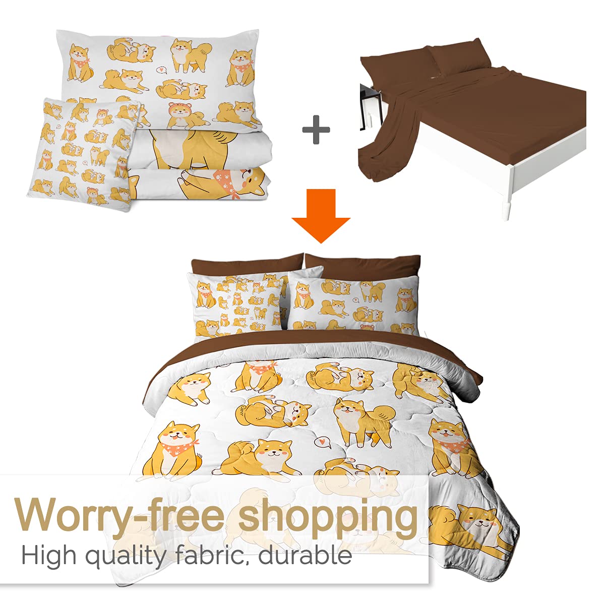 **BlessLiving Shiba Inu Dog Comforter Set King 8-Piece Bedding Set - Cartoon Puppy Kids Bedroom Decor (1 Comforter, 2 Pillow Shams, 1 Flat Sheet, 1 Fitted Sheet, 1 Cushion Cover, 2 Pillowcases) - Perfect for Kids' Rooms, Dormitories & Themed Bedrooms**
