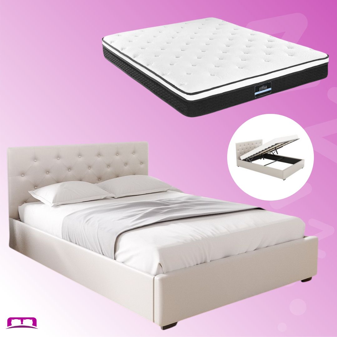 King Size Dorilla Gas Lift Storage Bed Frame with Bonita Pillow Top Mattress - Medium Firm Beige Upholstered Platform Bed | Perfect for Small Spaces, Guest Rooms & Modern Bedrooms
