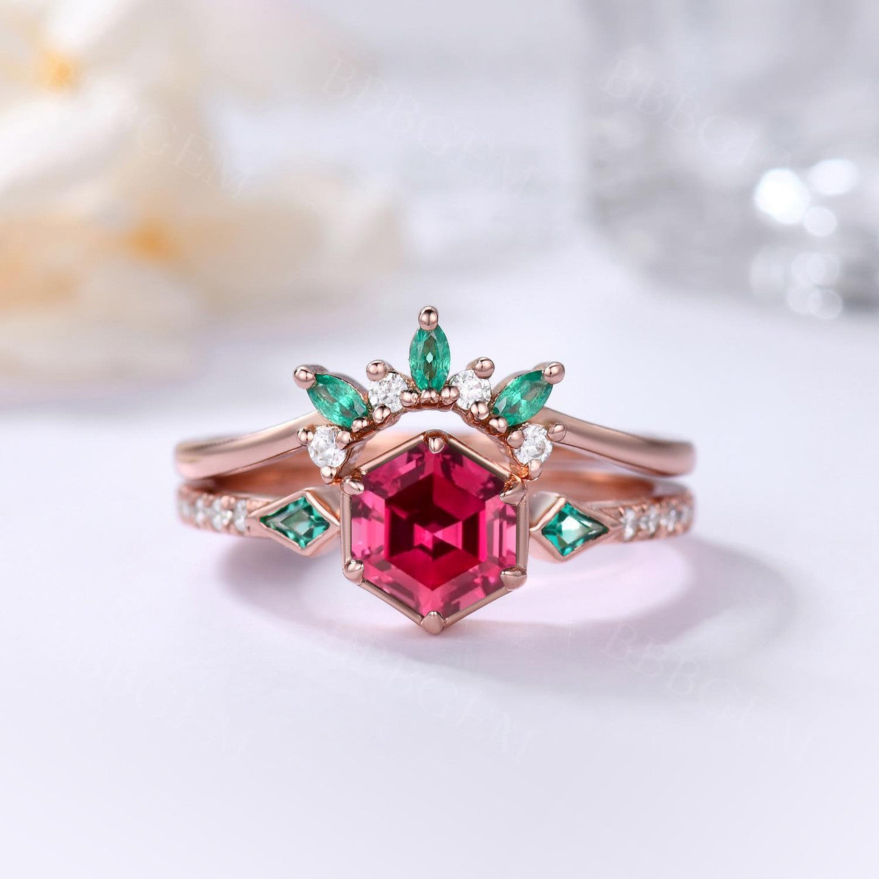 3 Stones Hexagon Lab Ruby with Kite Cut Emerald Sidestones Wedding Ring Set in Bezel & Prong Rose Gold Setting - Perfect for Engagement, Anniversary, and Bridal Jewelry Gifts