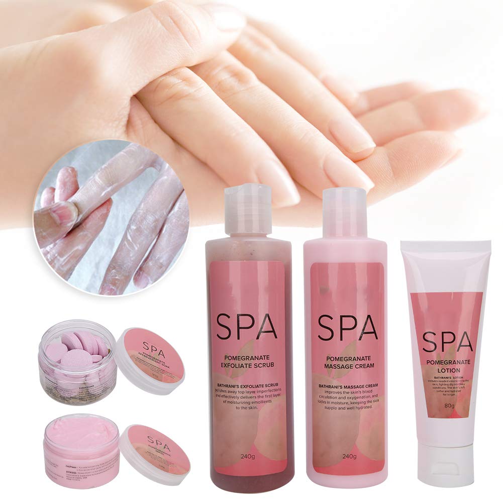 **Exfoliating Hand Care Cream Set - 5 Pieces Dead Skin Removal Hand Mask with Effervescent Tablets & Massage Cream (Pomegranate Scent) - Perfect for Spa, Home Relaxation & Gift Giving**