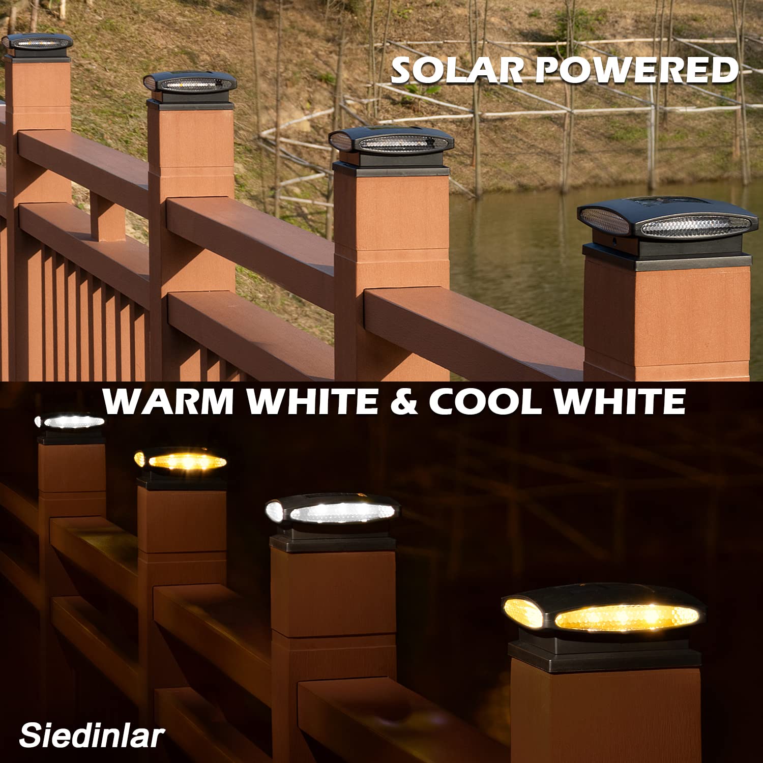 SIEDiNLAR 12 Pack Solar Post Cap Lights Outdoor - 24 LED Solar Powered Fence Deck Lights for 4x4 5x5 6x6 Wood Posts - 2 Modes (Warm White & Cool White) - Weatherproof Garden Patio Deck Lighting - Perfect for Backyard, Pathway, and Landscape Decoration