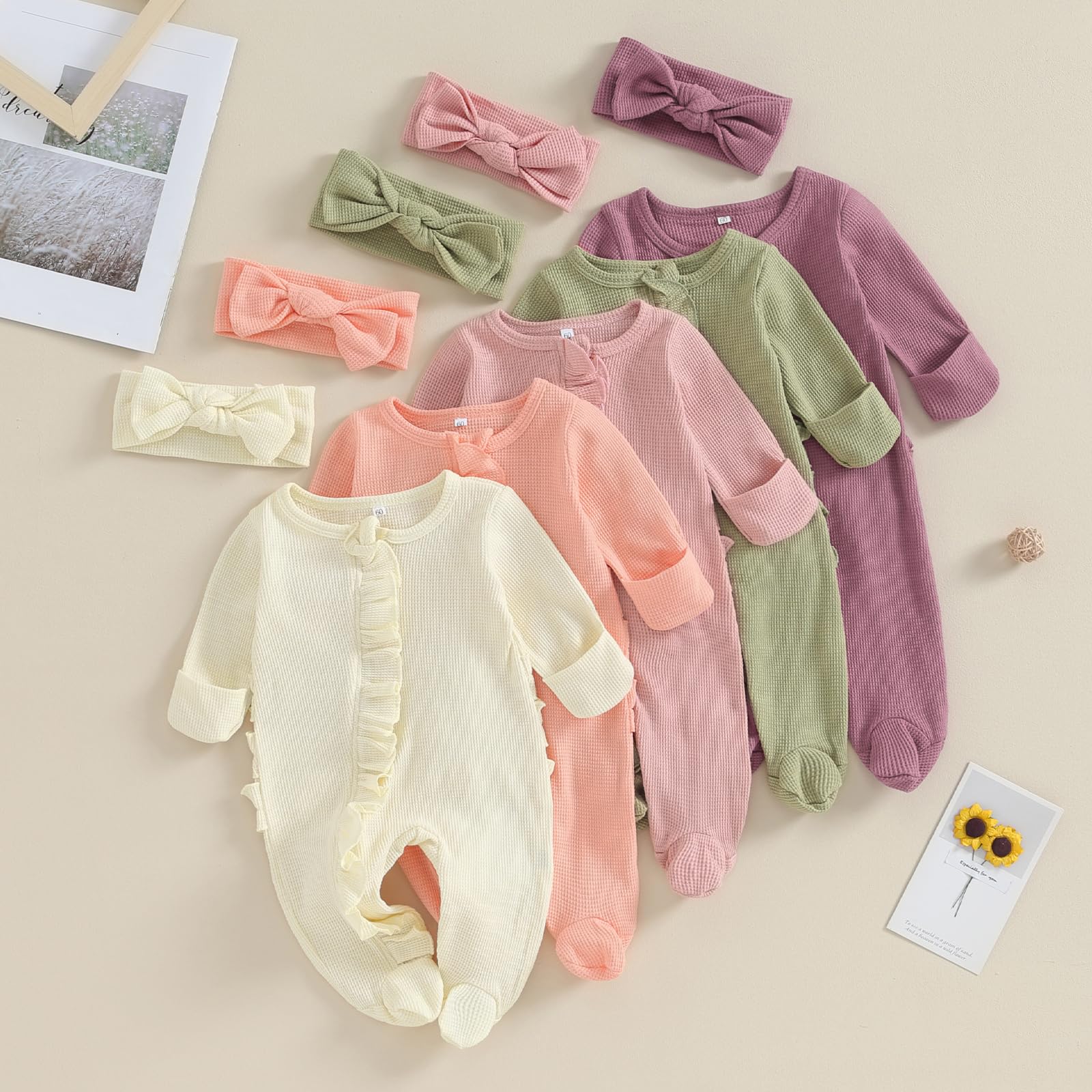 FYBITBO Baby Girl Waffle Knit Romper - Soft Ruffle Jumpsuit with Zipper, Newborn Onesie Outfit for Coming Home, Photo Shoots & Daily Wear (0-24 Months)