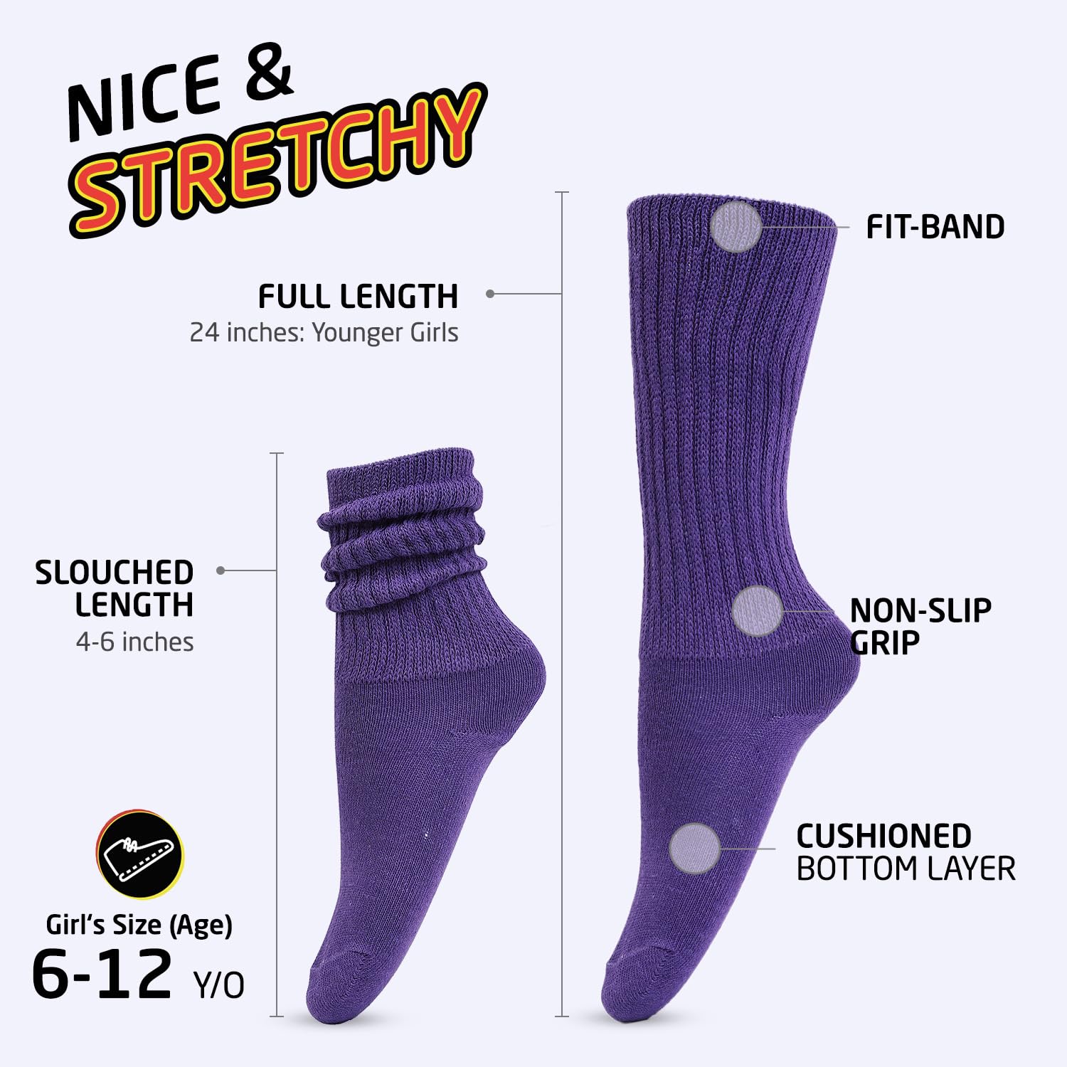 Girls Slouch Socks 6-Pack - Tall Stacked Slouchy Socks for Kids | Warm Cotton Blend Long Calf Socks | Perfect for School, Sports & Winter Outfits