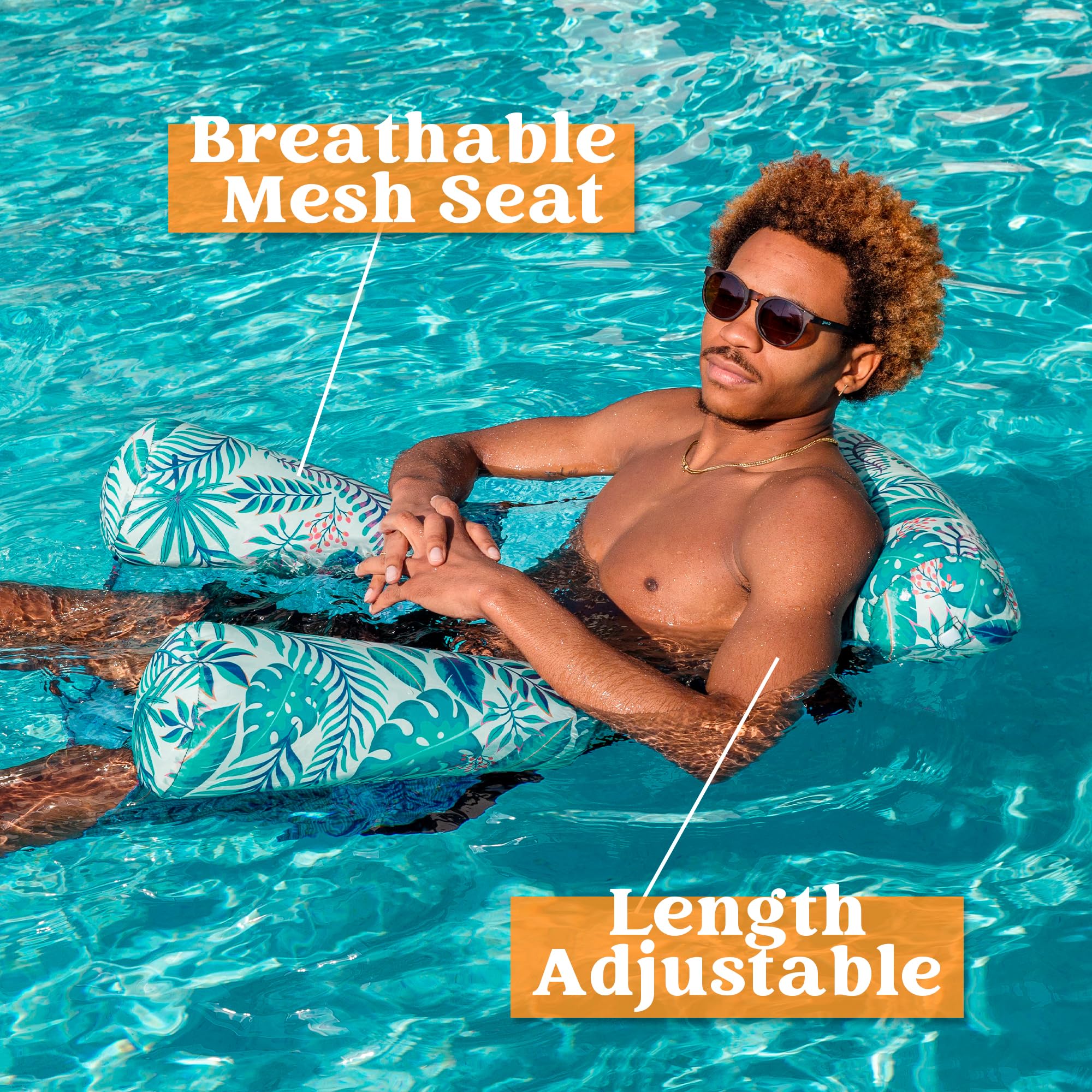 Adult Inflatable Pool Lounge Chair - Plant Pattern Floating Mat Hammock, Blow Up Water Chair with Noodles Raft for Summer Pool Party, Beach Vacation & Backyard Relaxation
