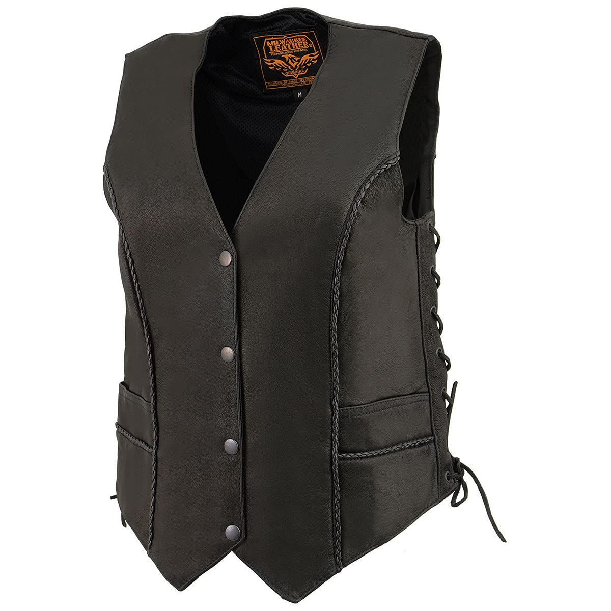 Milwaukee Leather MLL4560 Women's Black Premium Leather Braided Lace-Up Vest | Deep V-Neck Motorcycle Jacket for Biker Ladies | Perfect for Riding, Casual Wear & Outdoor Adventures