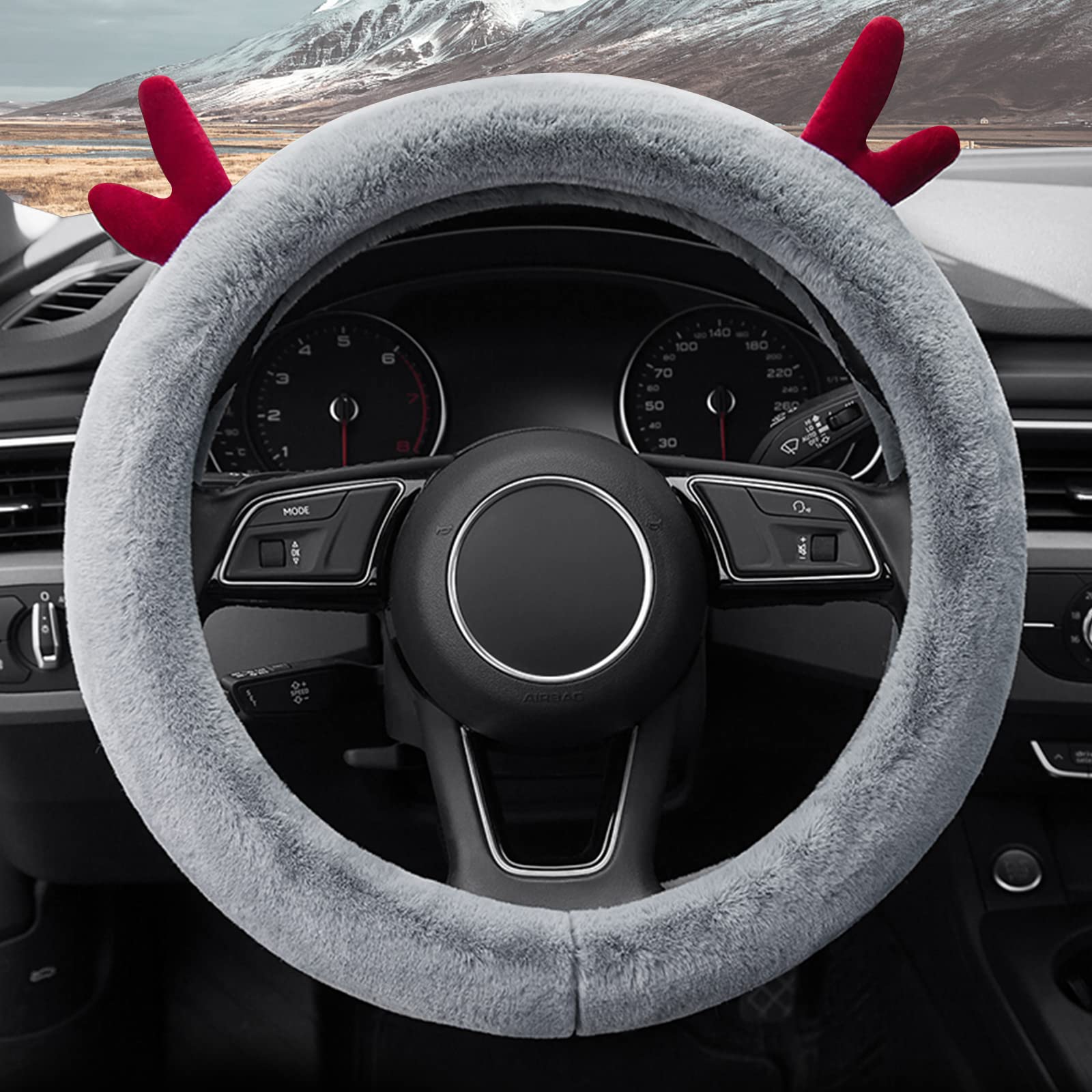 Ergocar Round Plush Steering Wheel Cover - Soft Anti-Slip Winter Car Accessory with Cute Cartoon Antler Design, 15 Inch (38cm) Grey - Perfect for Cold Weather Driving & Stylish Car Interior Upgrade
