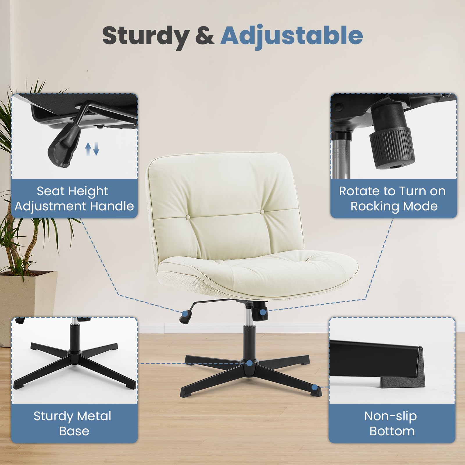 DUMOS Criss Cross Chair - Armless Office Chair with Adjustable Height, No Wheels, Comfortable Task Seating for Home & Office - Perfect for Computer Work, Vanity Desk, and Workspace Ergonomics