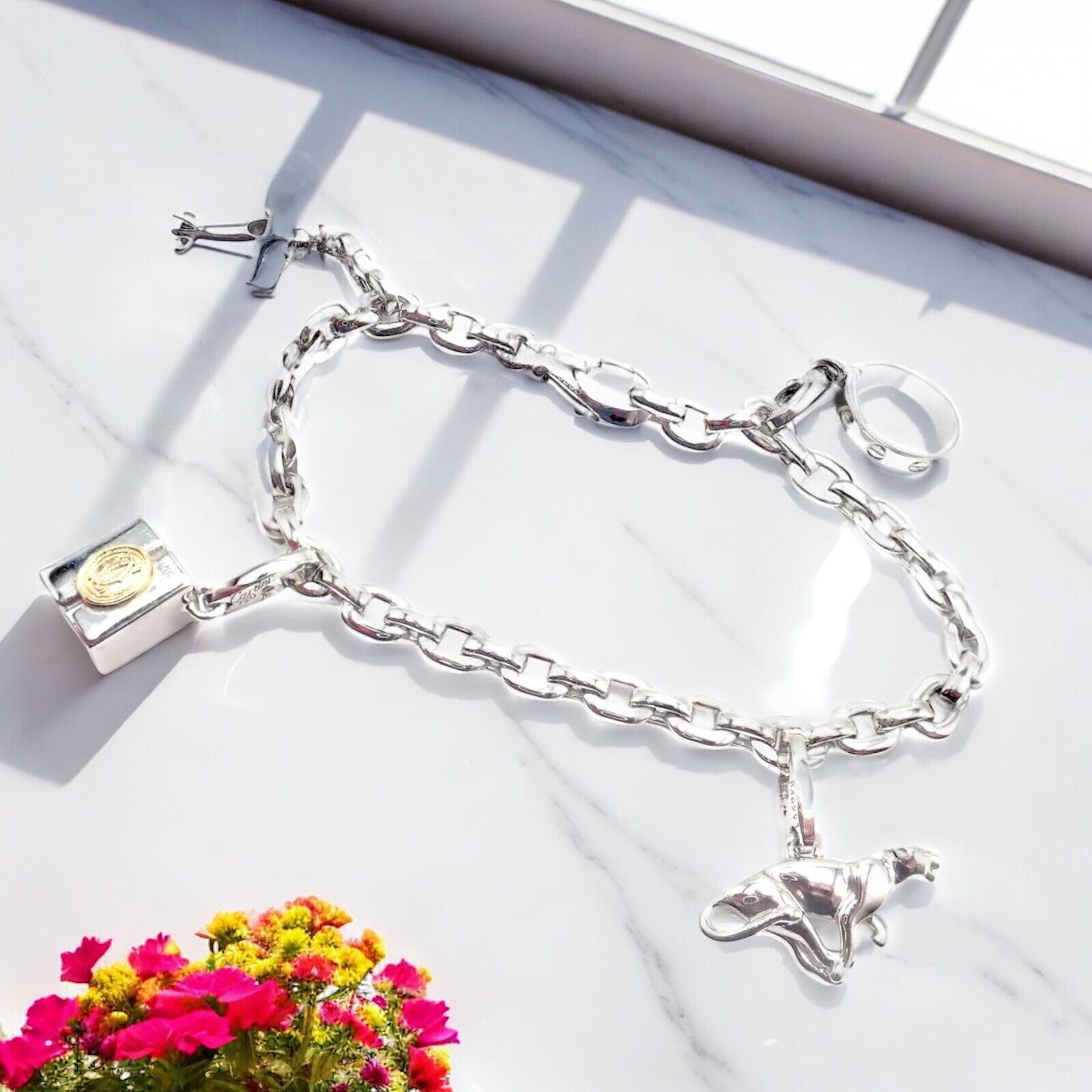 Authentic Cartier 18k White Gold Bracelet with 4 Charms - Panther, Airplane, Love & Box Link | Luxury Jewelry Gift for Women, Anniversary & Special Occasions