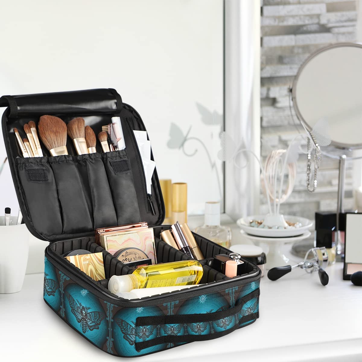 Gothic Skull & Butterfly Makeup Bag for Women - Travel Cosmetic Organizer with Adjustable Dividers | Waterproof Toiletry Bag for Vacation, Gym & Daily Use