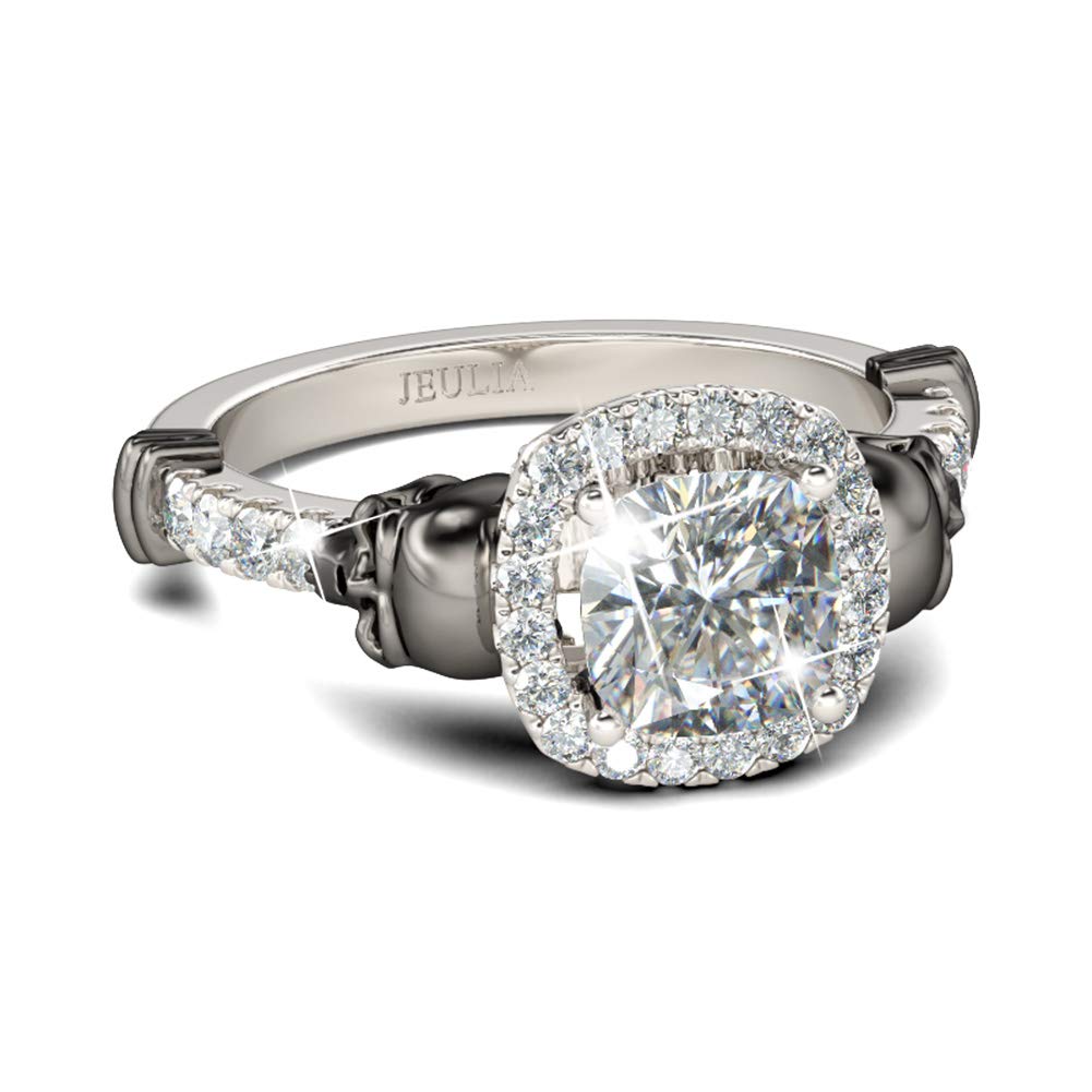 Jeulia 3.4 Carat Cushion Cut Halo Skull Engagement Ring for Women - 925 Sterling Silver Anniversary Wedding Promise Ring - Romantic Jewelry Gift for Her - Perfect for Proposals, Anniversaries & Valentine's Day Gifts