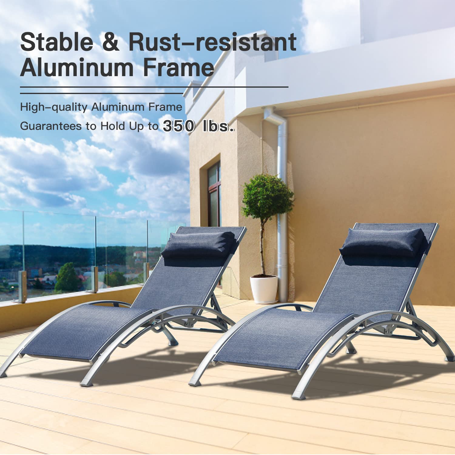 **Domi 3-Piece Aluminum Lounge Chair Set - Adjustable Outdoor Chaise Lounge for Pool, Garden & Beach - Includes 2 Pool Chairs & 1 Side Table (Blue) - Perfect for Relaxing by the Pool, Sunbathing, or Outdoor Lounging**