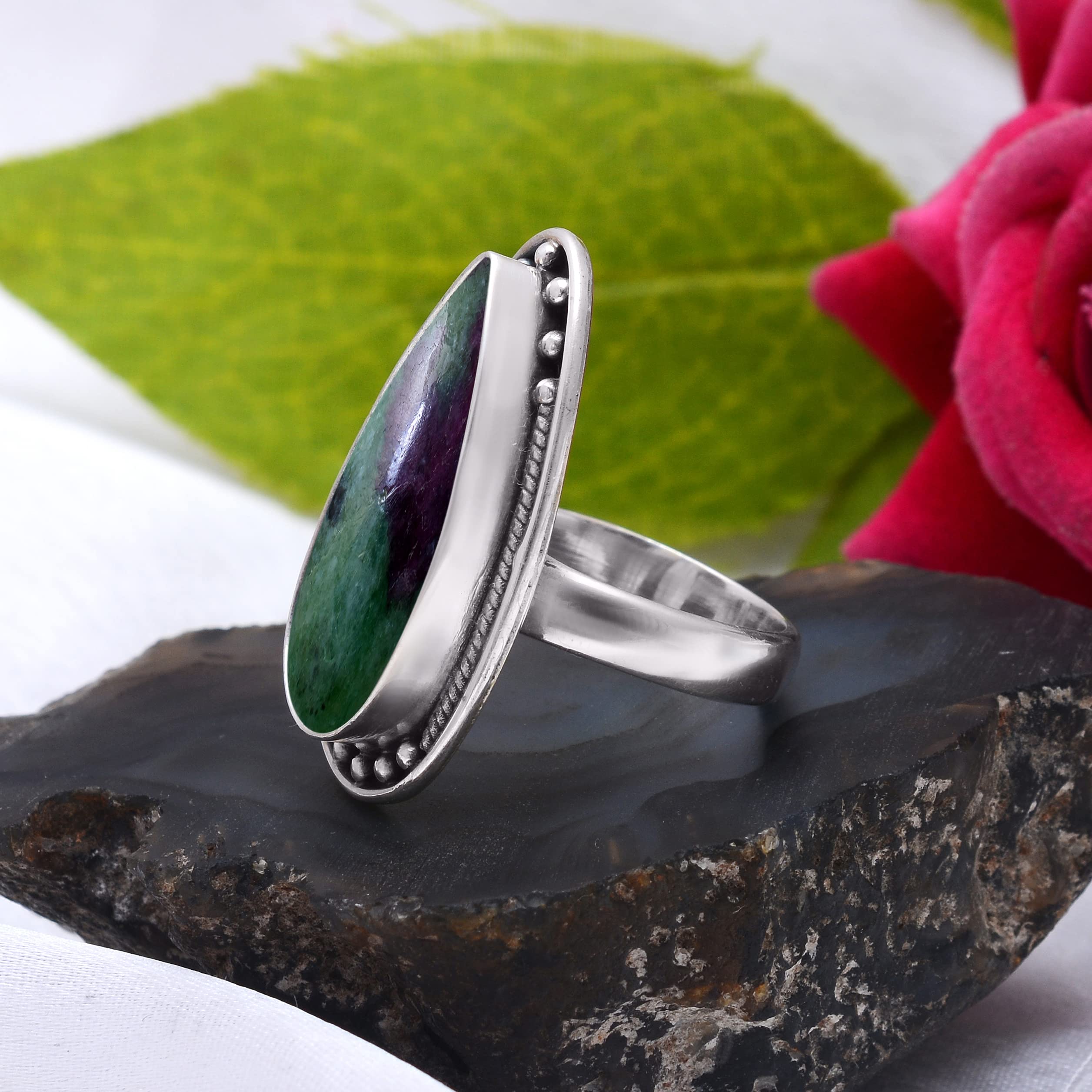 Veracity Jewelry Ruby Zoisite Ring for Women - 925 Sterling Silver Bohemian Style Ring with Natural Green & Red Gemstone - Handmade Unisex Jewelry Gift (VSR-207) | Perfect for Weddings, Parties & Boho Fashion