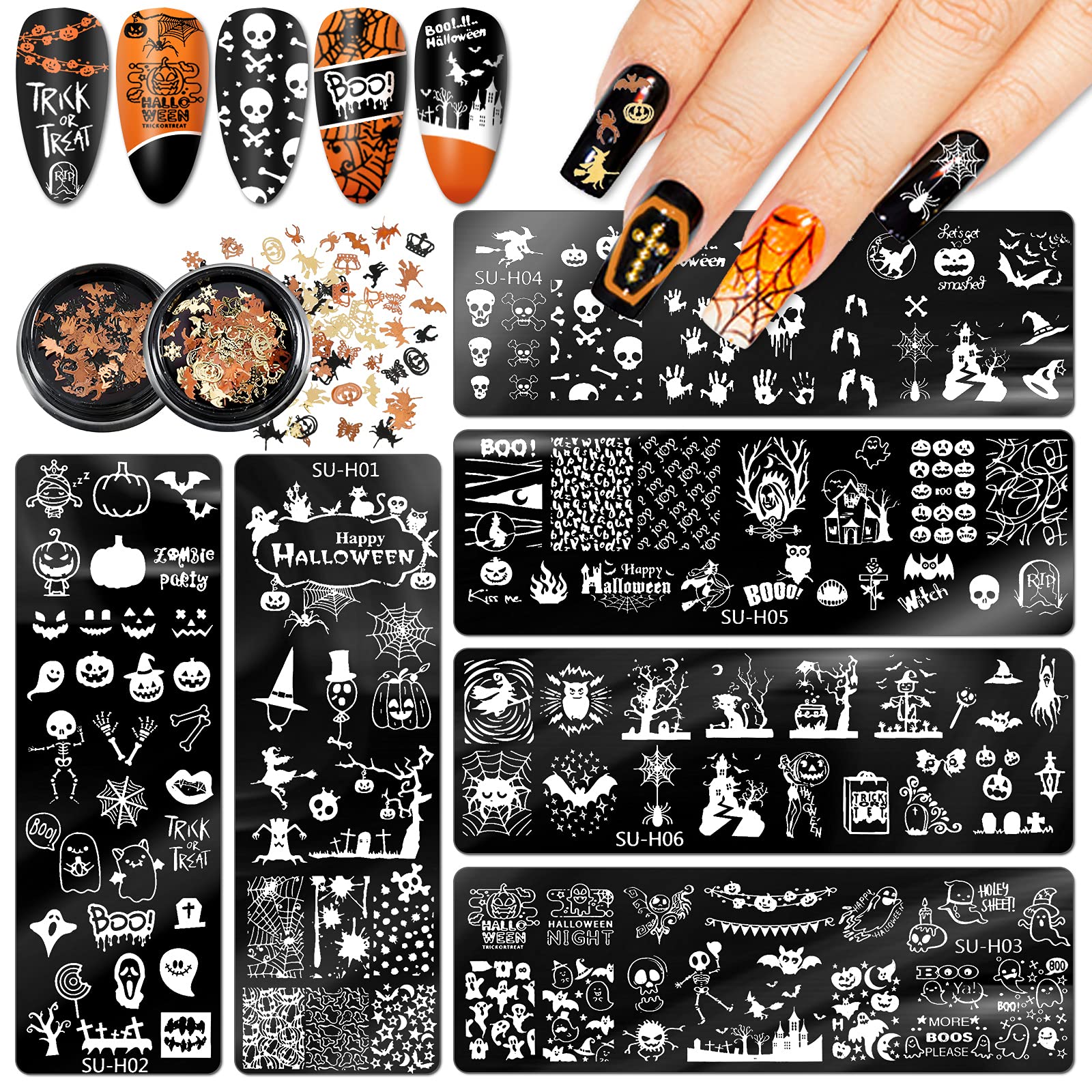 Whaline Halloween Nail Stamper Kit - 6Pcs Nail Art Plates with Pumpkin, Bat, Ghost, Spider, Witch & Owl Designs, 2 Boxes Glitter Sequins (Gold & Black) for DIY Manicure - Perfect for Halloween Parties, Nail Salon Decor & Spooky Nail Art Designs