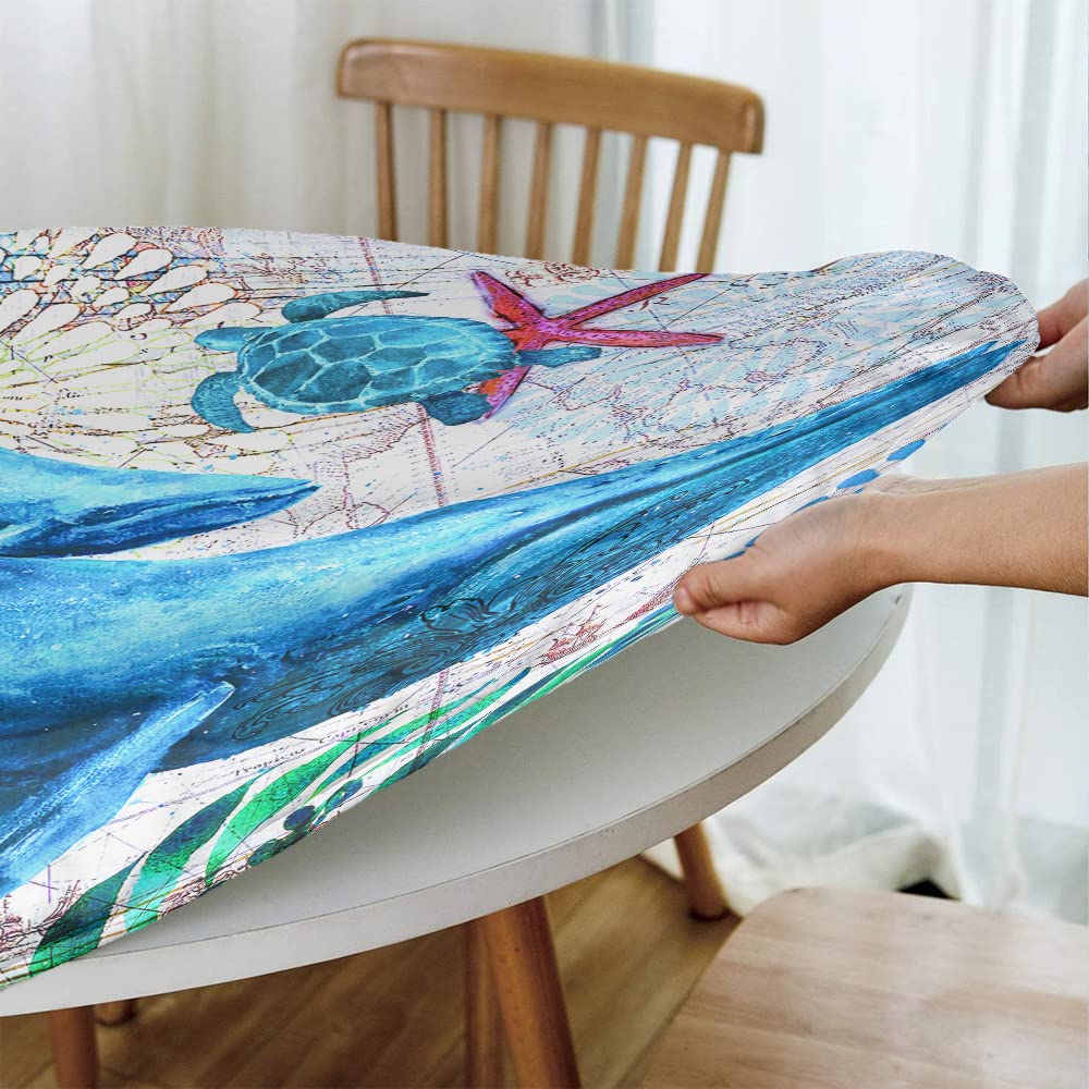 Whale and Sea Turtle Print Elastic Edge Round Tablecloth - Stretch Fitted Kitchen & Dining Table Cover for 57