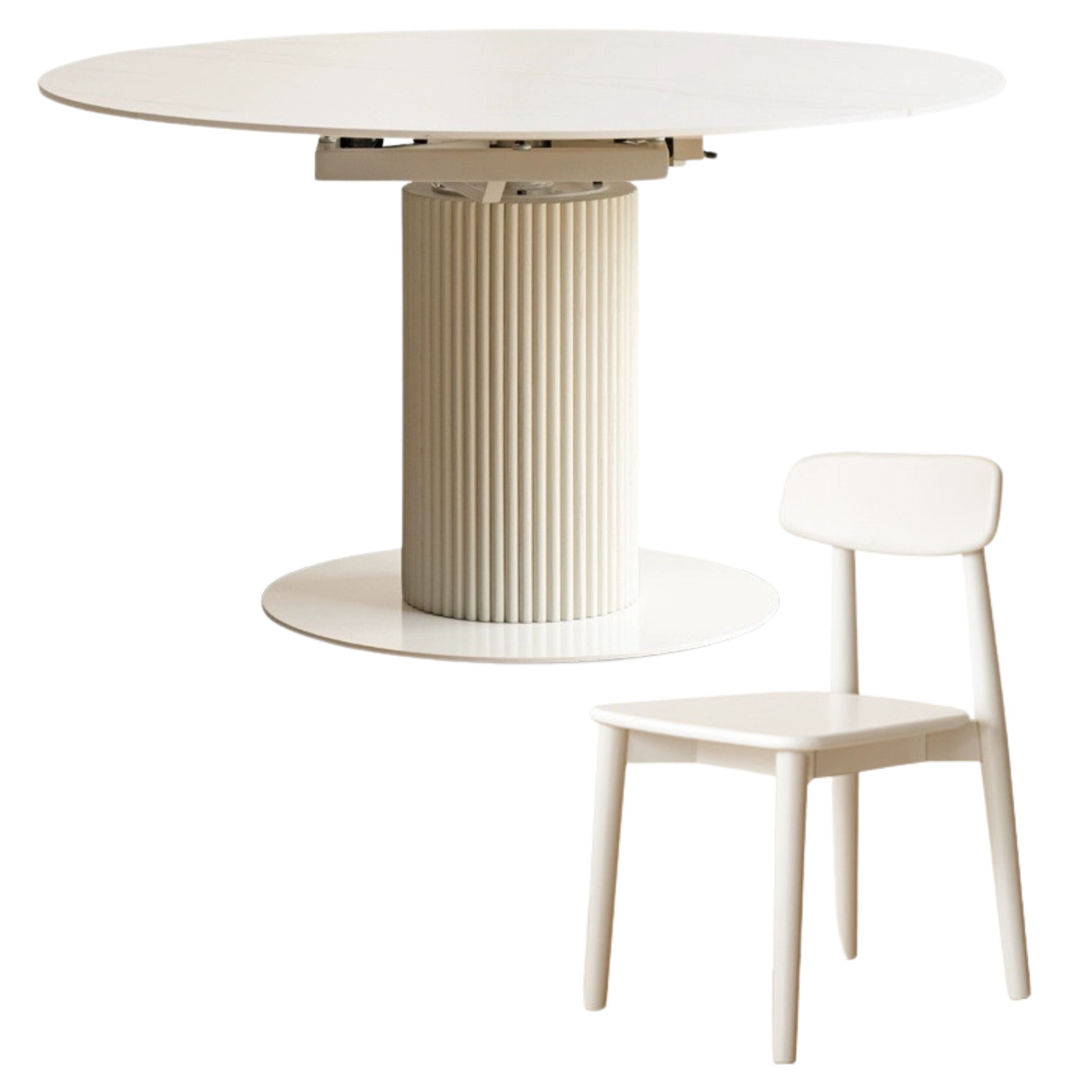 out of stock 53.1x35.4-53.1x29.9 inch / 135x90-135x76cm / Warm white /Rotating telescopic dining table +four chairs