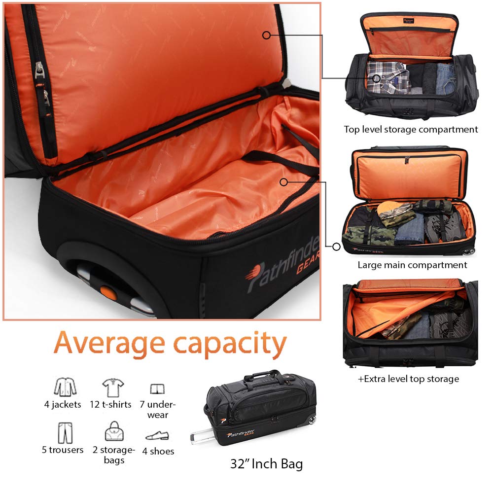 32 Inch Rolling Drop Bottom Duffel Bag - Large Travel Duffel with Wheels & Expandable Bottom for Gym, Sports, Camping (Black)