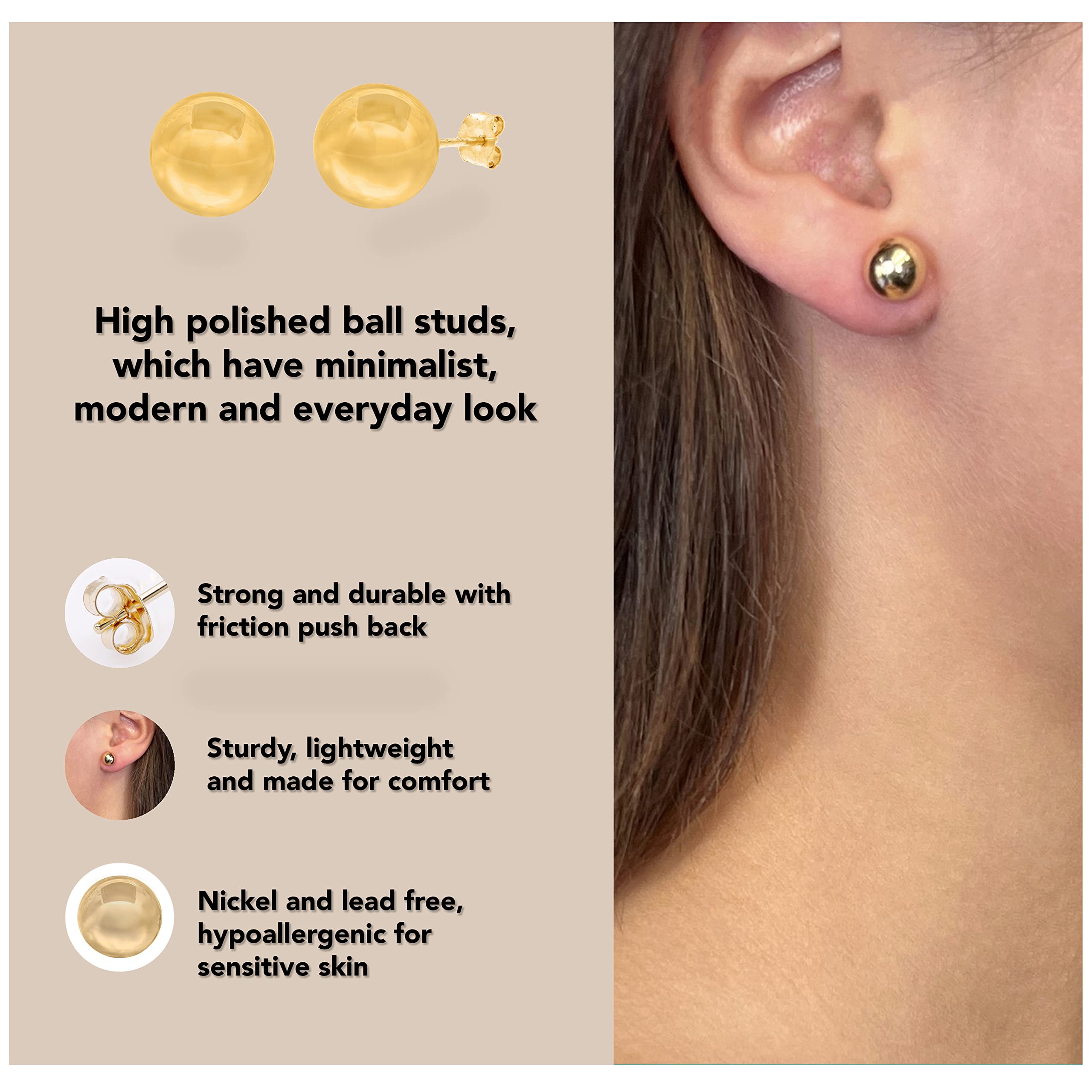 14K Yellow Gold Ball Stud Earrings for Women - High Polished Round Gold Earrings for Everyday Wear & Special Occasions | Rachel Koen Jewelry